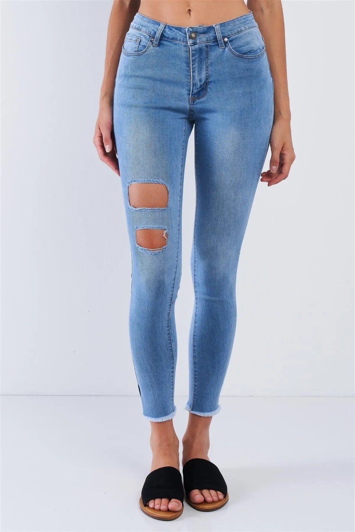 Light Blue Ripped Leg Fringed Hem Jean High Waisted Pants