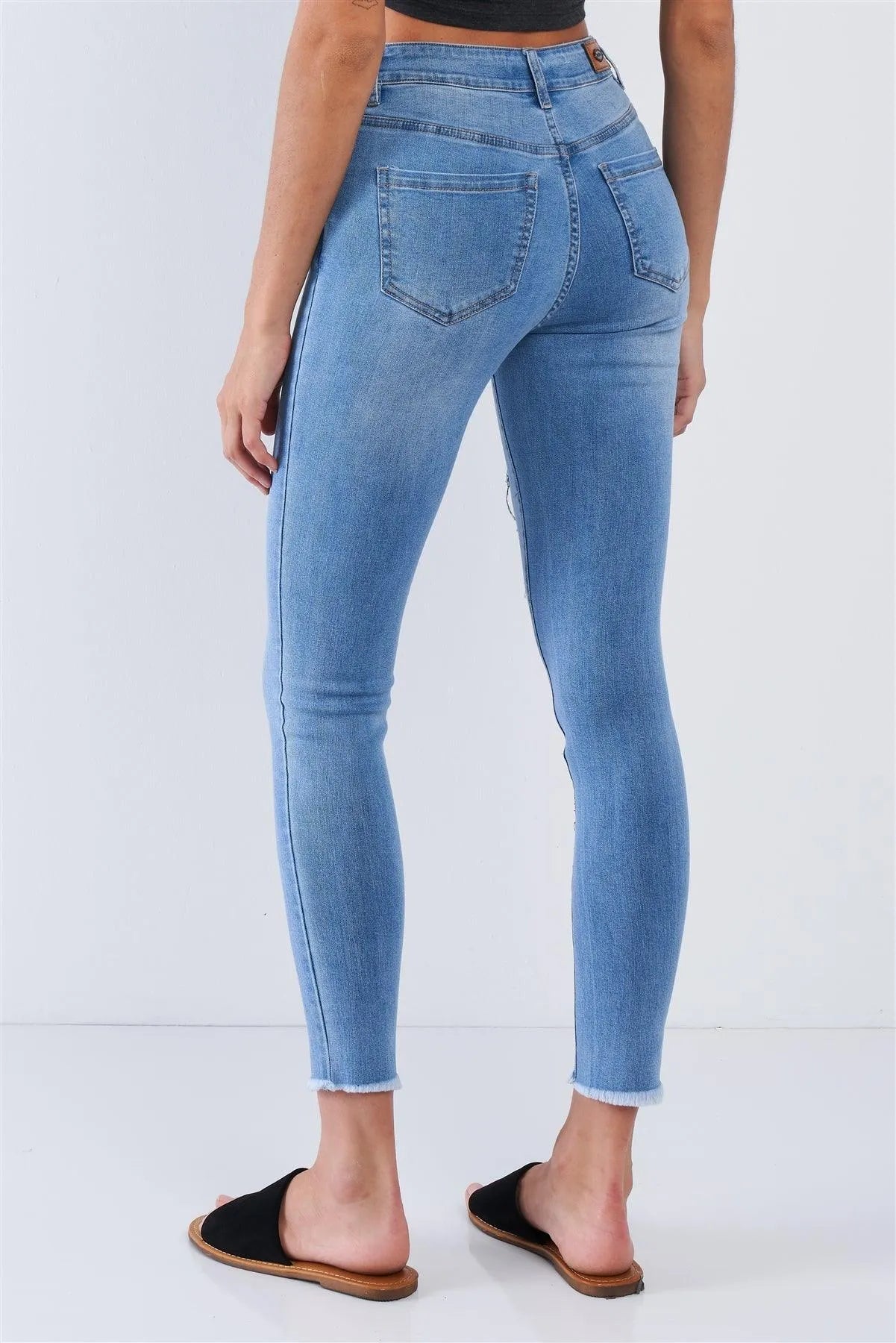 Light Blue Ripped Leg Fringed Hem Jean High Waisted Pants