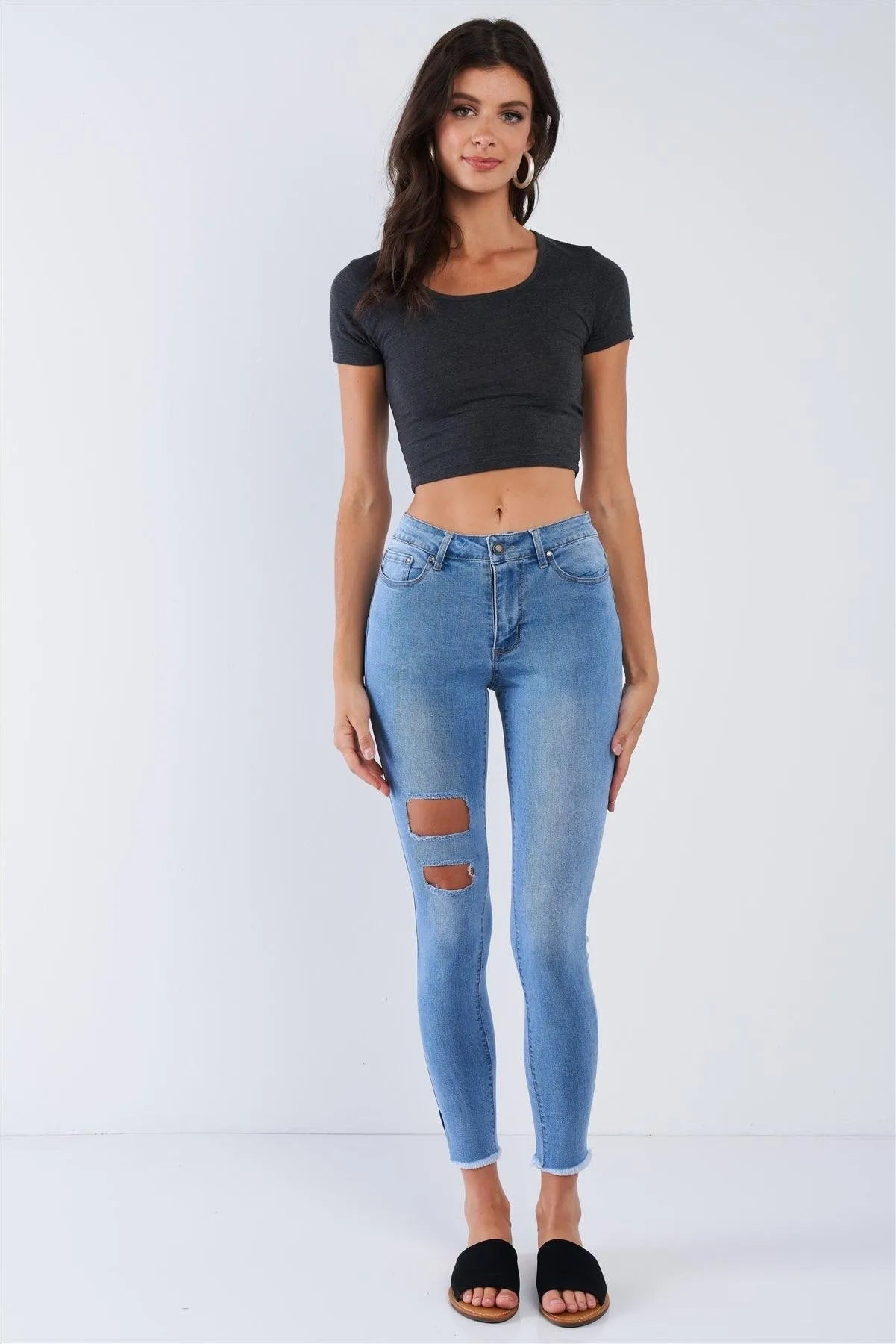 Light Blue Ripped Leg Fringed Hem Jean High Waisted Pants