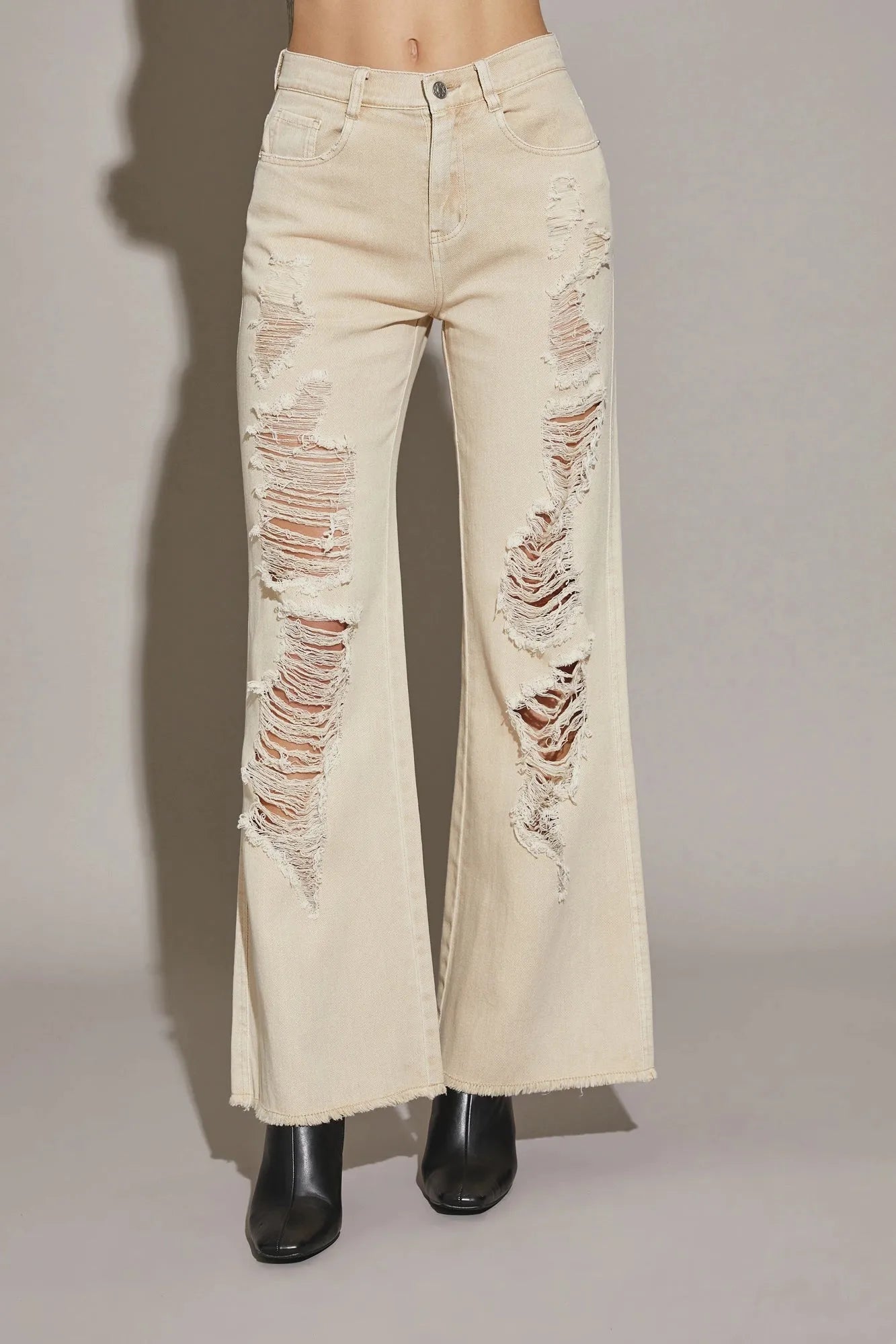 Distressed High Waist Denim Pants with Cut Edge Hem – Retro Streetwear