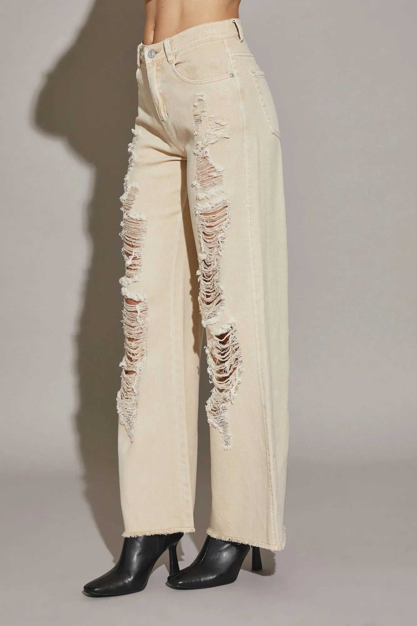 Distressed High Waist Denim Pants with Cut Edge Hem – Retro Streetwear