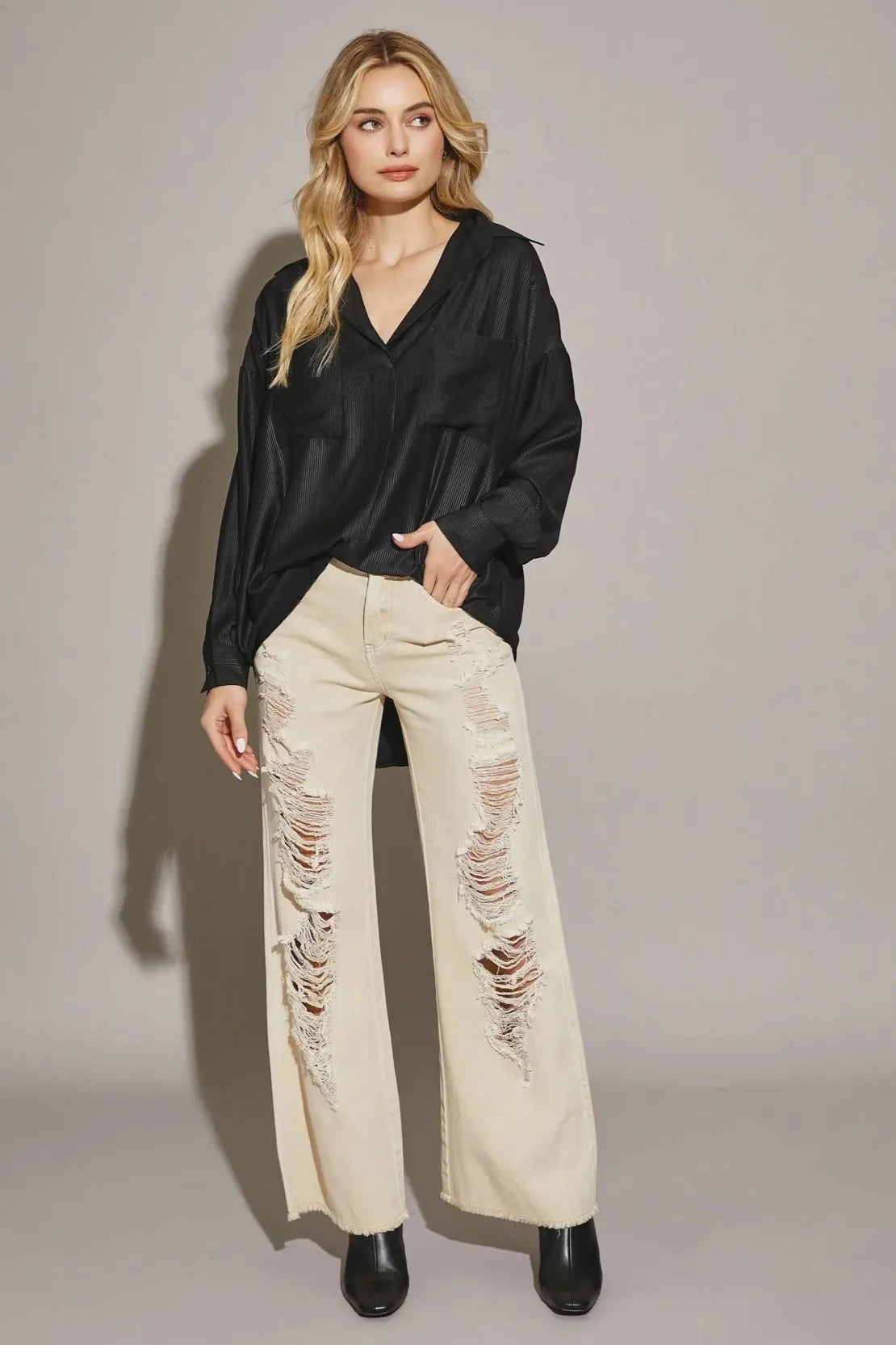Distressed High Waist Denim Pants with Cut Edge Hem – Retro Streetwear