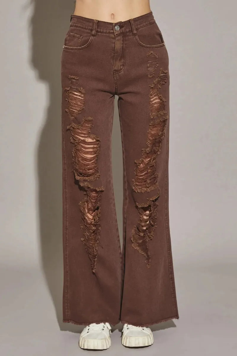 Distressed High Waist Denim Pants with Cut Edge Hem – Retro Streetwear
