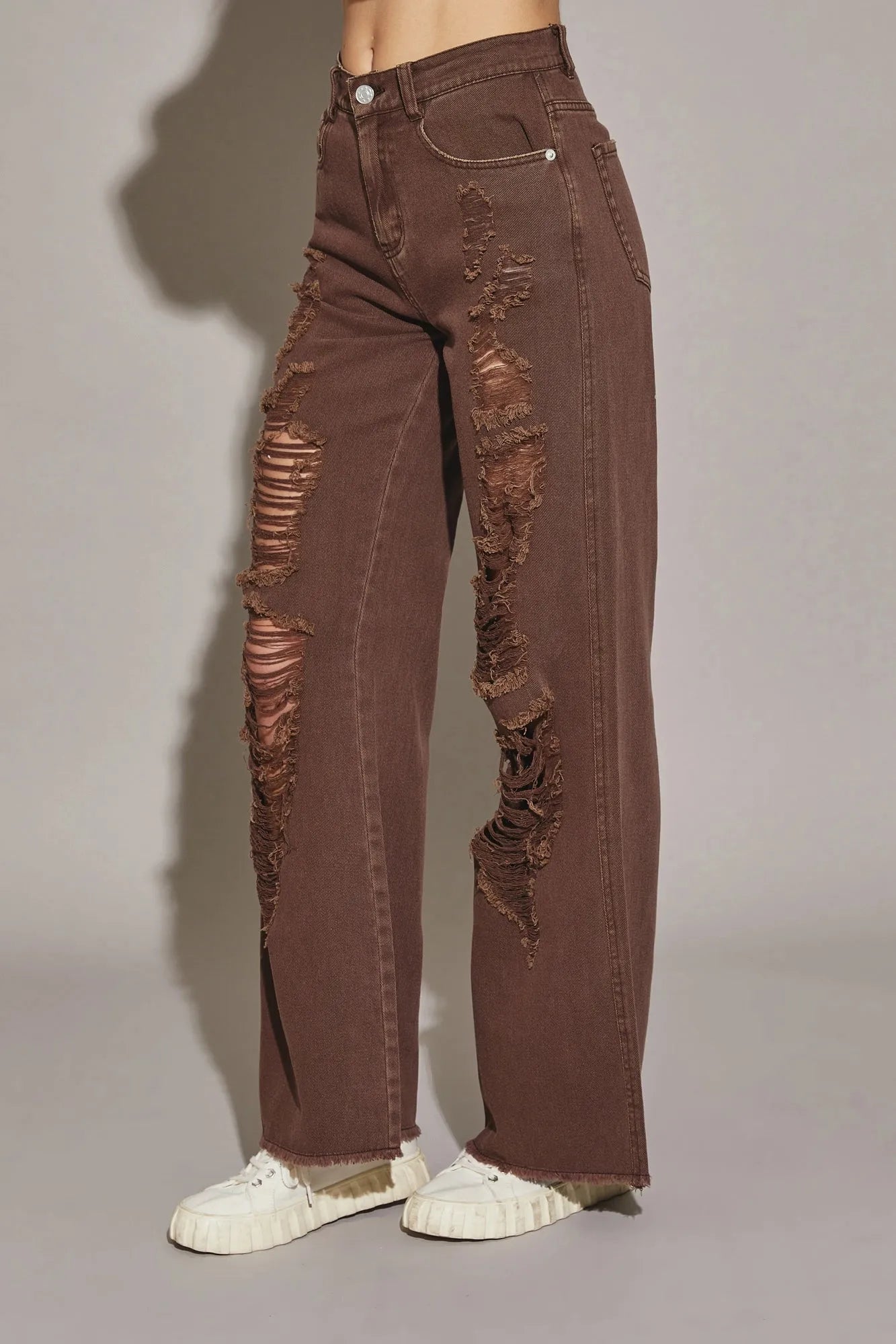 Distressed High Waist Denim Pants with Cut Edge Hem – Retro Streetwear