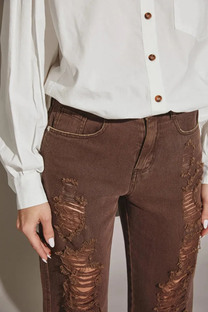 Distressed High Waist Denim Pants with Cut Edge Hem – Retro Streetwear
