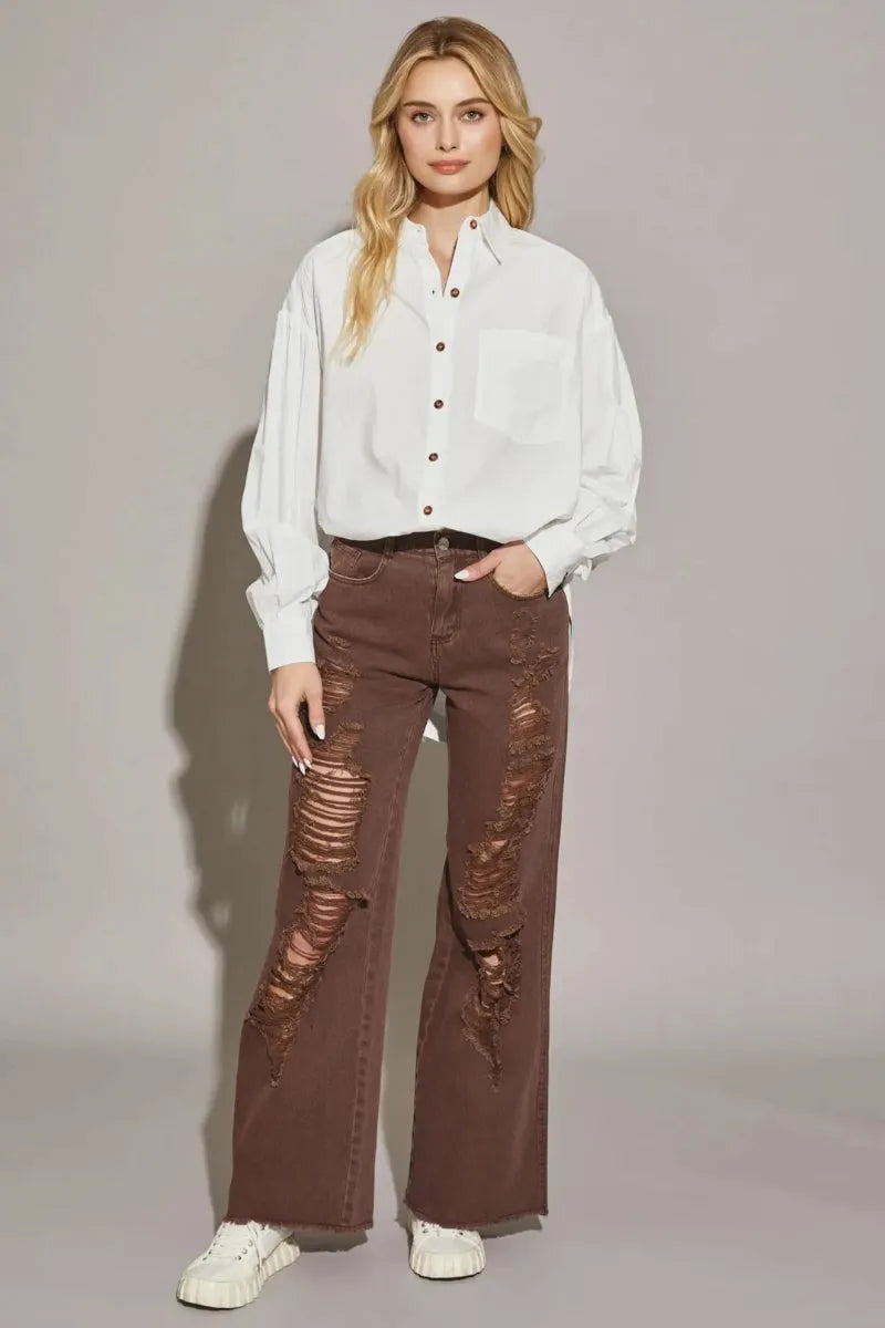 Distressed High Waist Denim Pants with Cut Edge Hem – Retro Streetwear