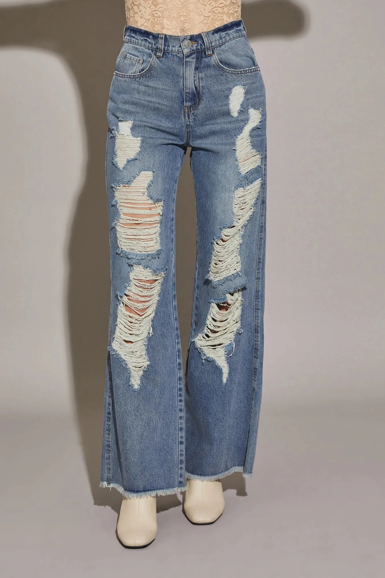 Distressed High Waist Denim Pants with Cut Edge Hem – Retro Streetwear