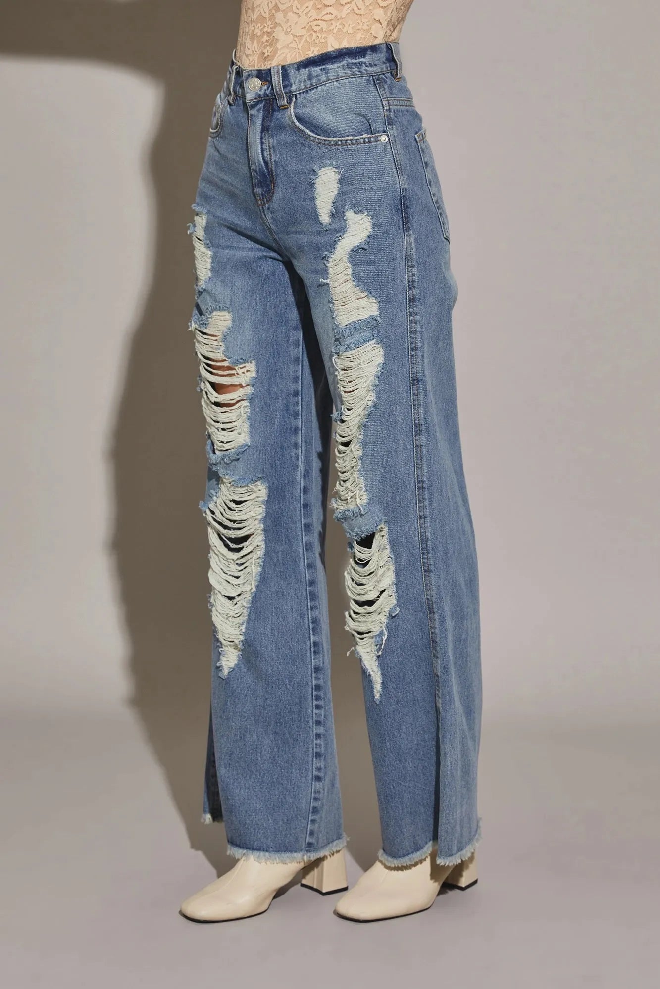 Distressed High Waist Denim Pants with Cut Edge Hem – Retro Streetwear