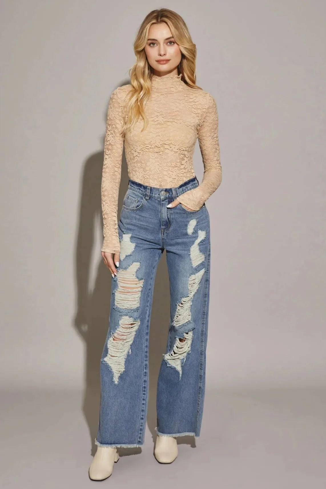 Distressed High Waist Denim Pants with Cut Edge Hem – Retro Streetwear