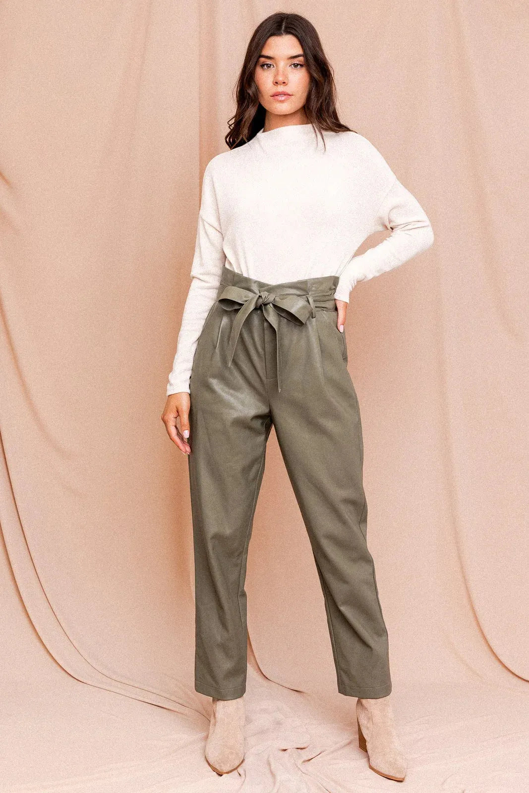 Paperbag High Waist Belted Vegan Trousers – Elegant Daily Outfit