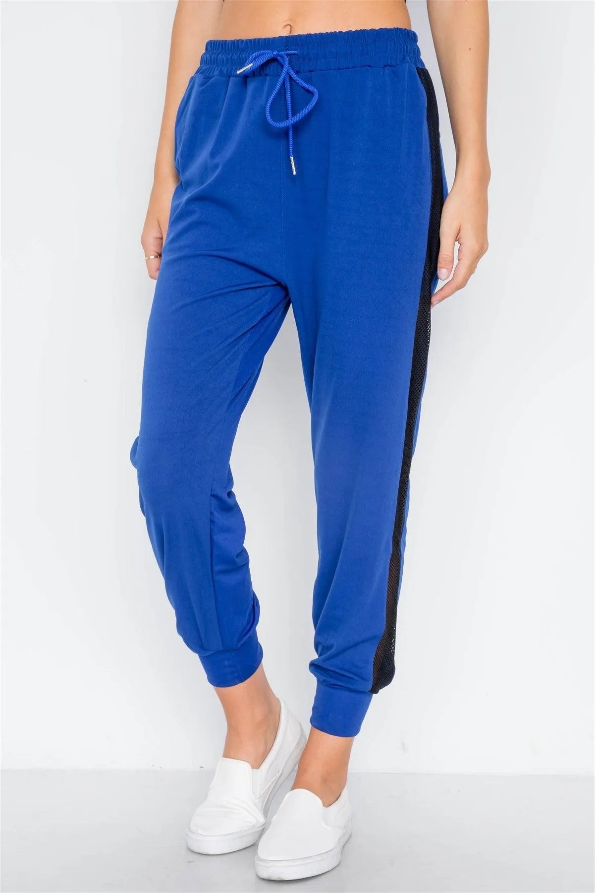 Blue Mid Rise Sporty Joggers with Mesh Panels – Breathable Athleisure Wear