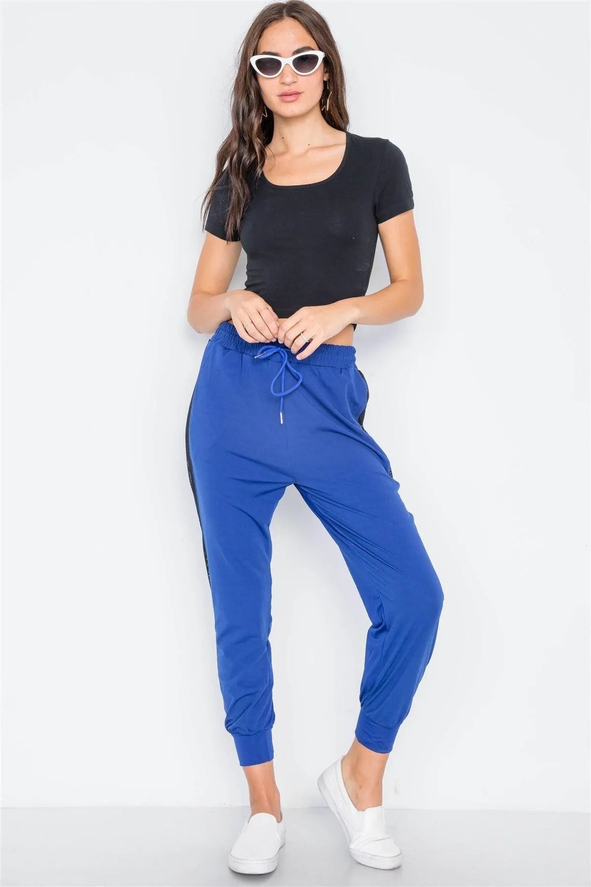 Blue Mid Rise Sporty Joggers with Mesh Panels – Breathable Athleisure Wear