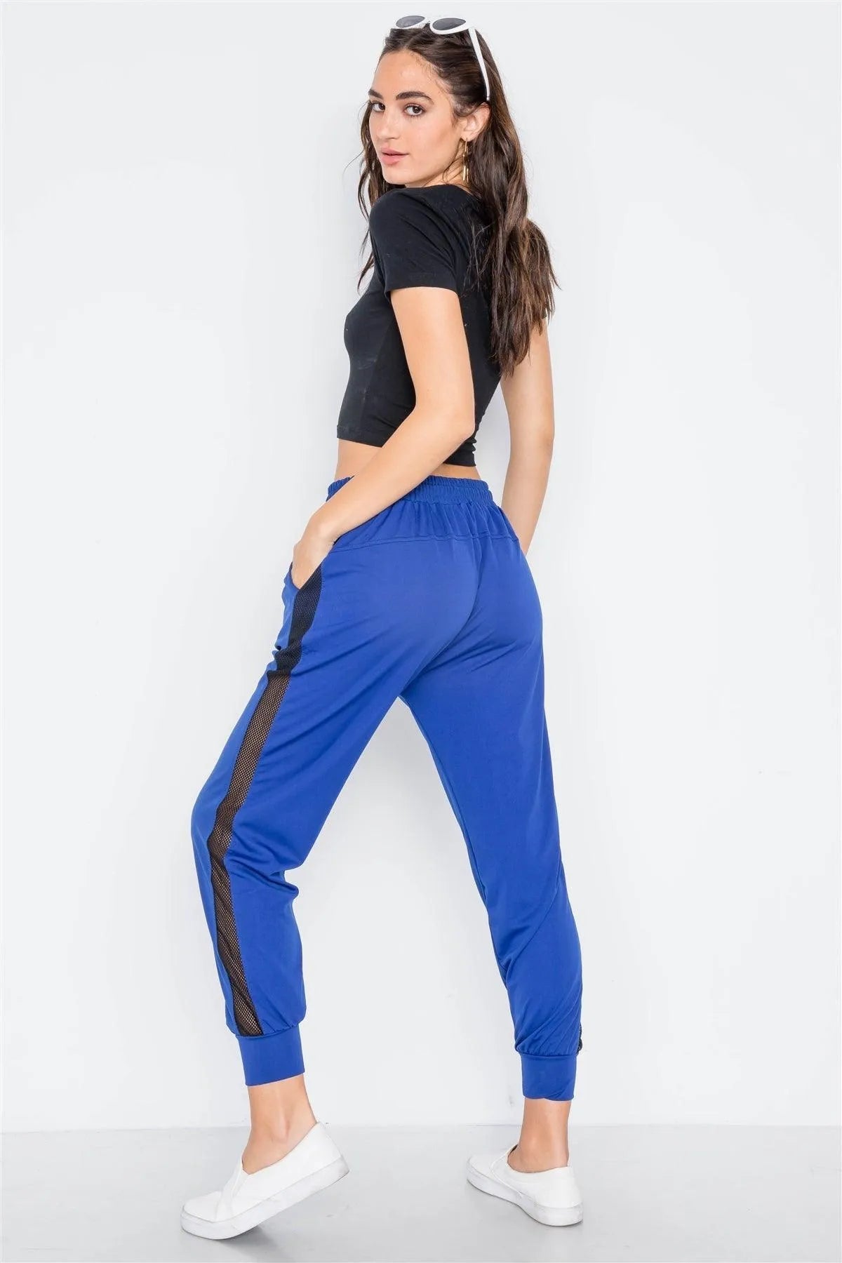Blue Mid Rise Sporty Joggers with Mesh Panels – Breathable Athleisure Wear