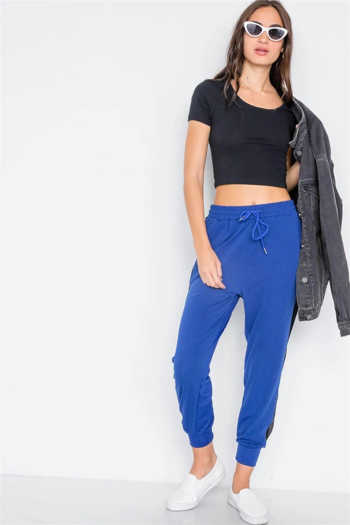 Blue Mid Rise Sporty Joggers with Mesh Panels – Breathable Athleisure Wear