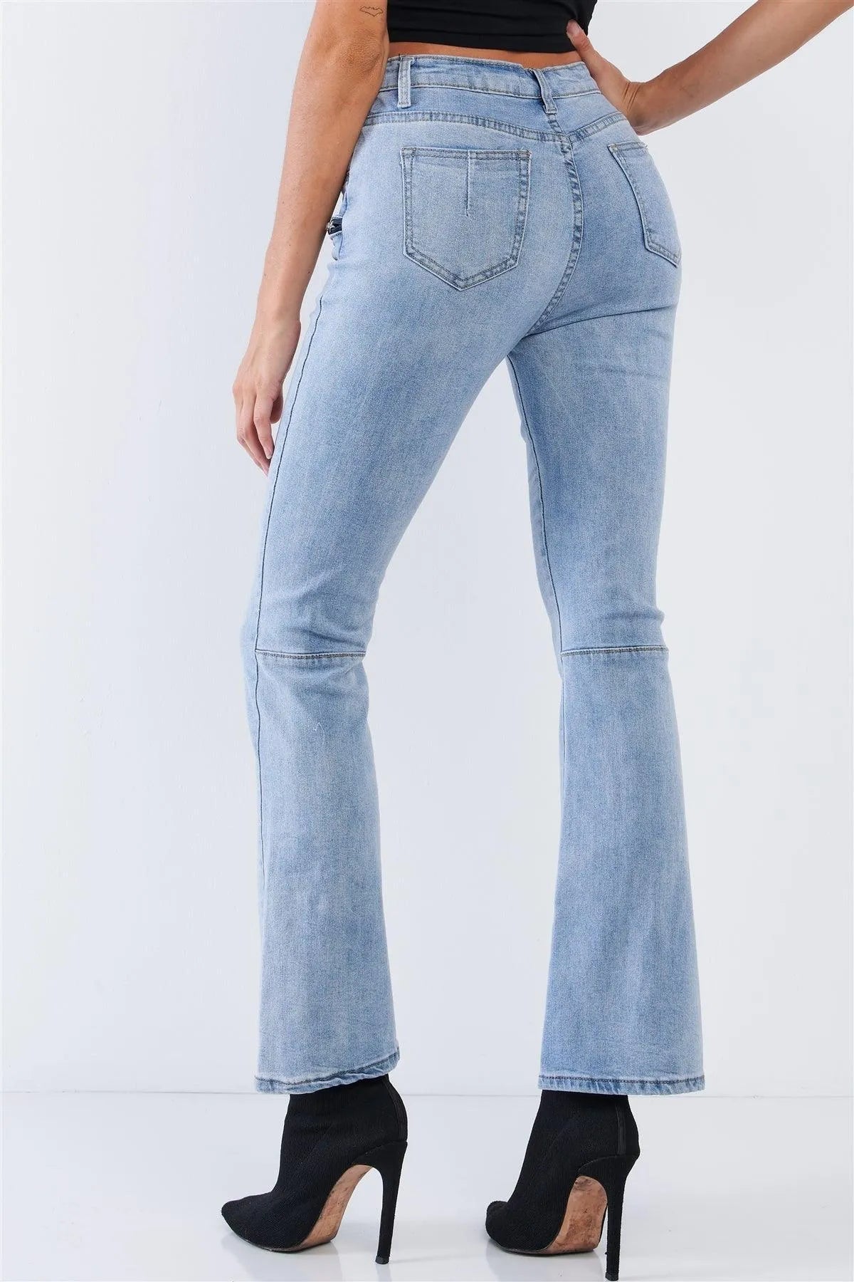 High Waisted Light Blue Denim Lace Up Fly Zipper Pocket Bell Bottom Jeans