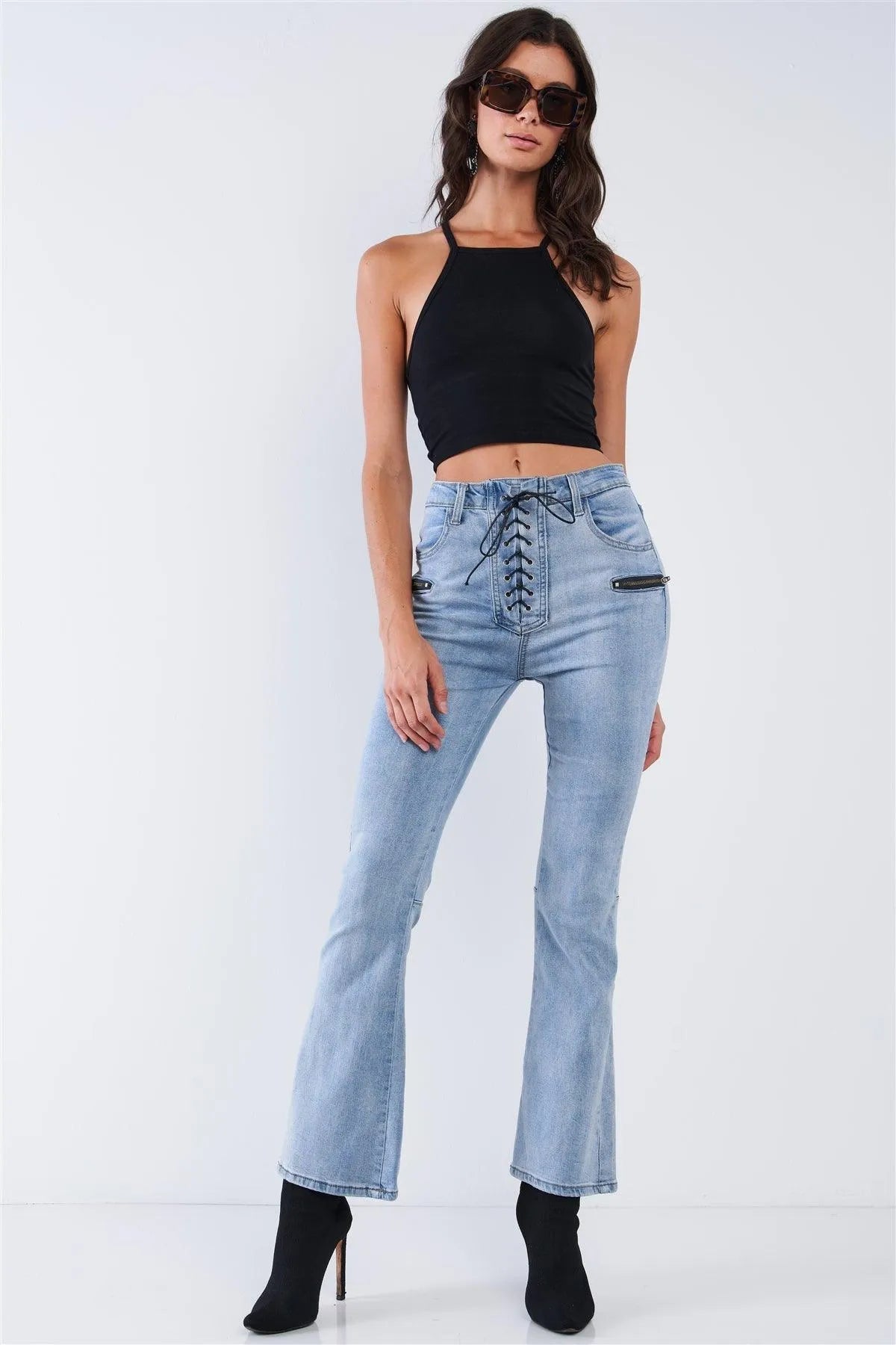 High Waisted Light Blue Denim Lace Up Fly Zipper Pocket Bell Bottom Jeans