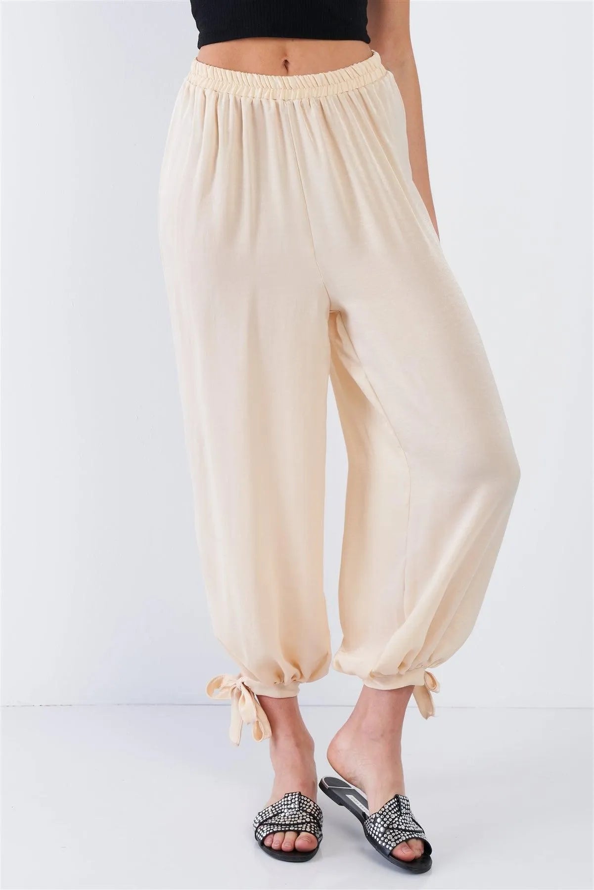 Silk Champagne Yellow Ankle Cut Out Semi-Sheer Jogger Pants