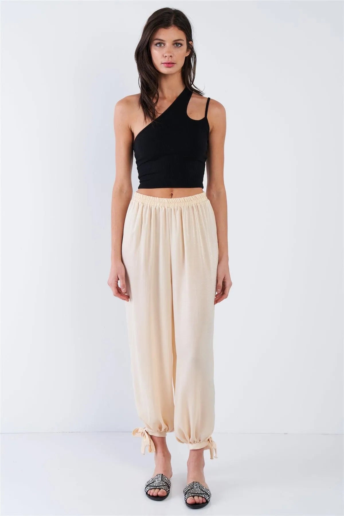 Silk Champagne Yellow Ankle Cut Out Semi-Sheer Jogger Pants