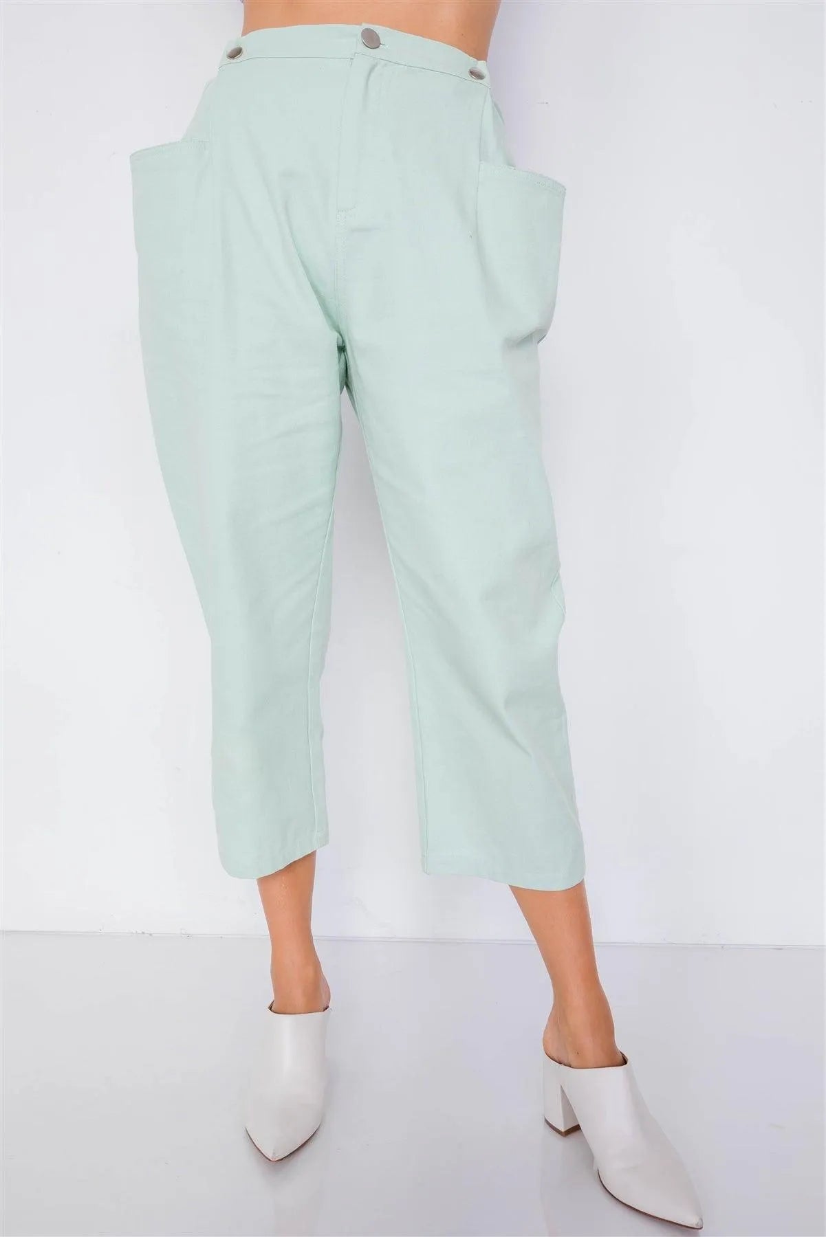 Pastel Sage Chic Solid Ankle Wide Leg Adjustable Snap Waist Pants