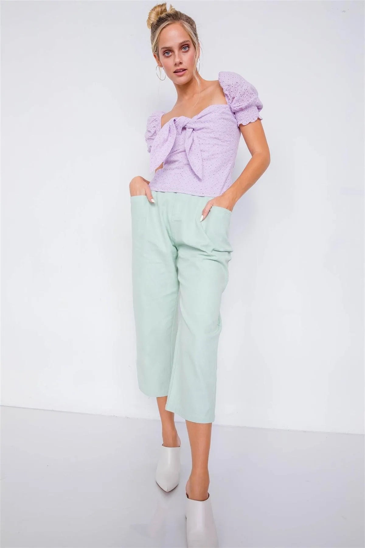 Pastel Sage Chic Solid Ankle Wide Leg Adjustable Snap Waist Pants