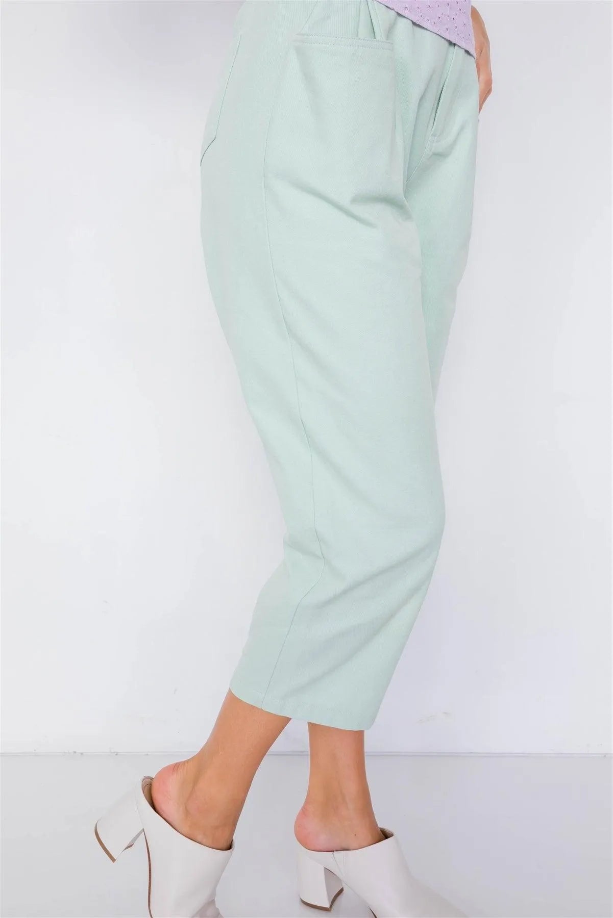 Pastel Sage Chic Solid Ankle Wide Leg Adjustable Snap Waist Pants