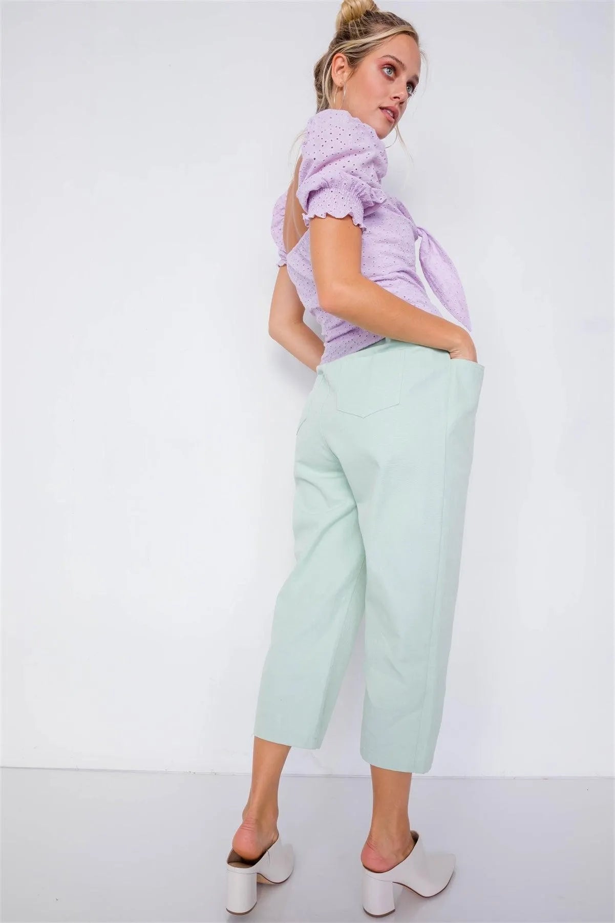 Pastel Sage Chic Solid Ankle Wide Leg Adjustable Snap Waist Pants