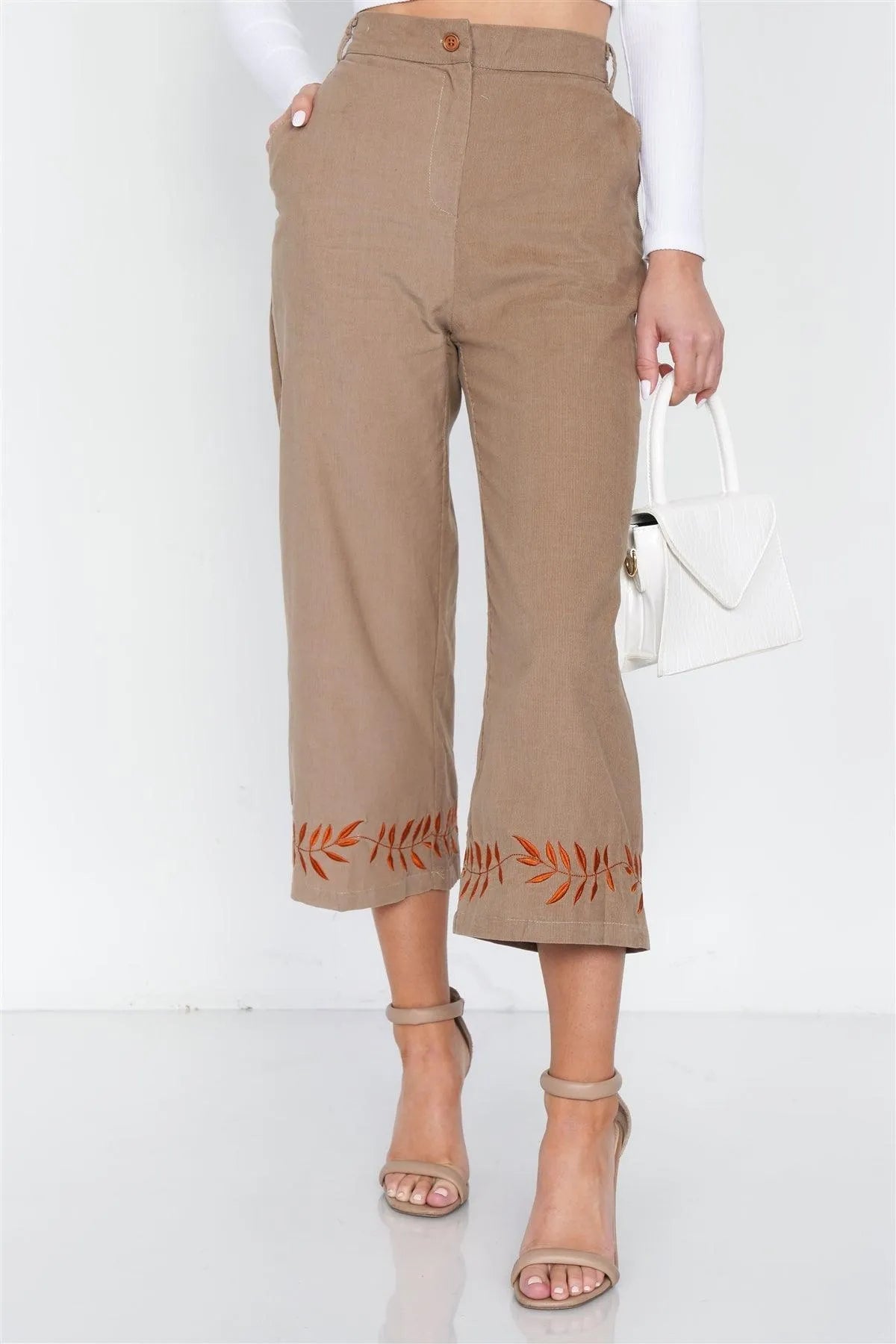 Taupe Ankle-Length Corduroy Gaucho Pants