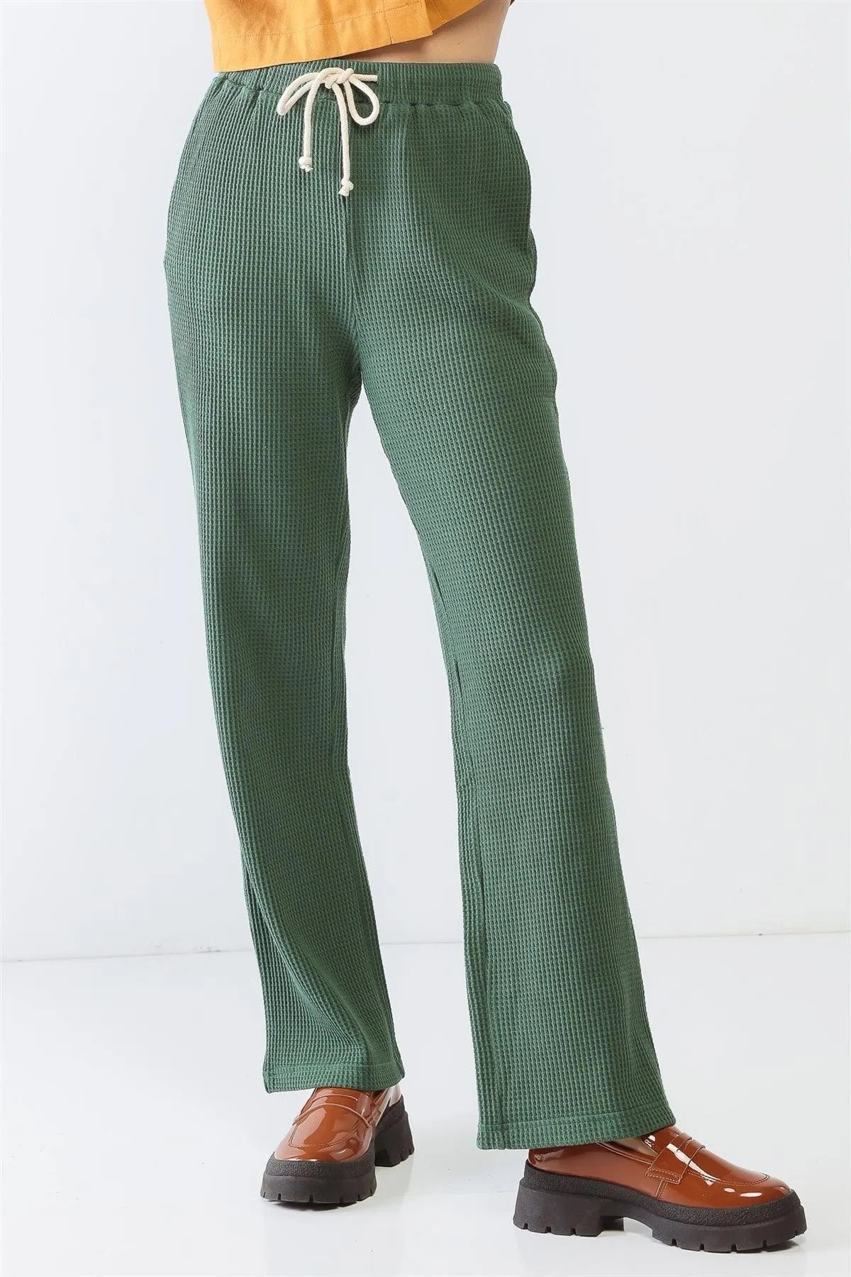 Green Cotton Waffle Knit Three Pocket High Waist Pants