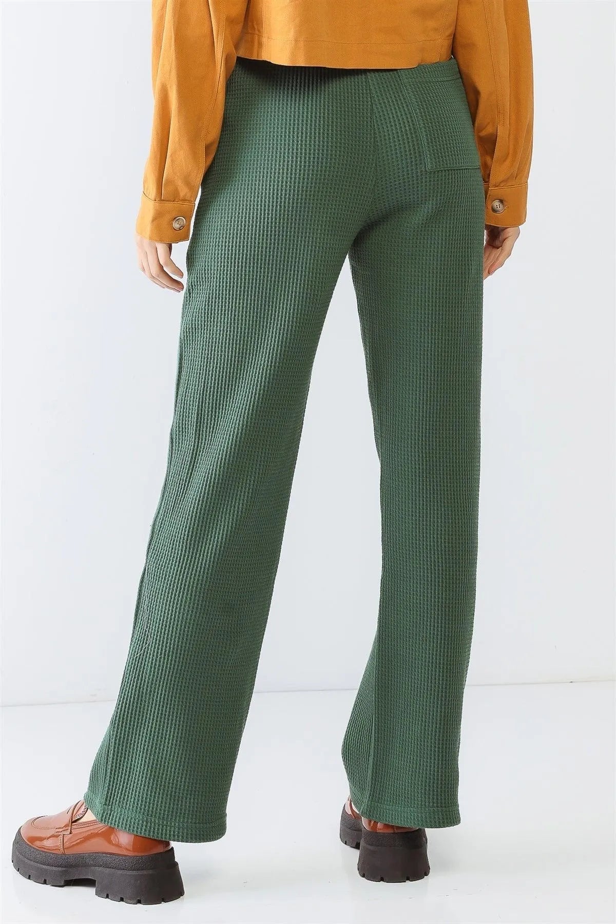 Green Cotton Waffle Knit Three Pocket High Waist Pants