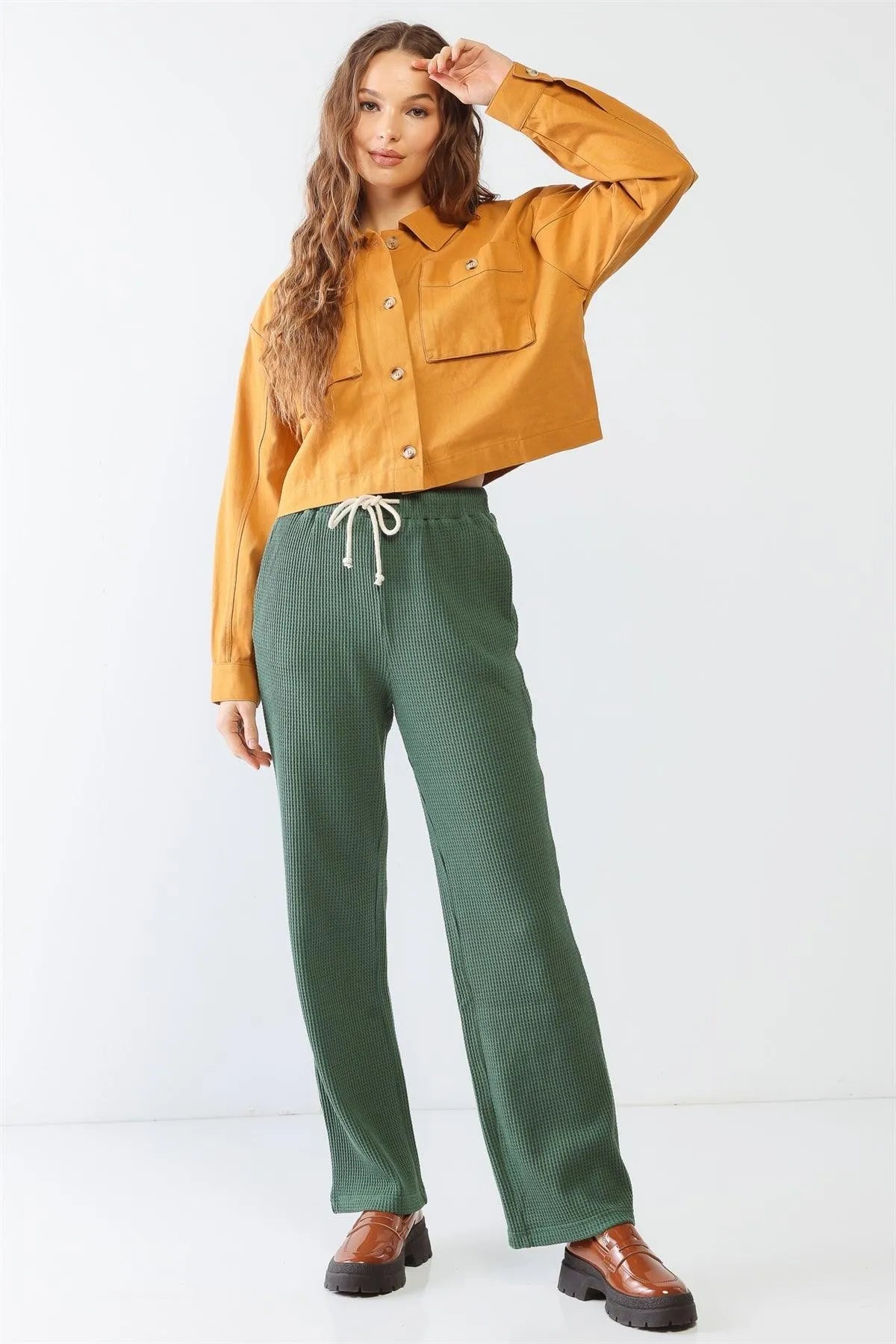 Green Cotton Waffle Knit Three Pocket High Waist Pants