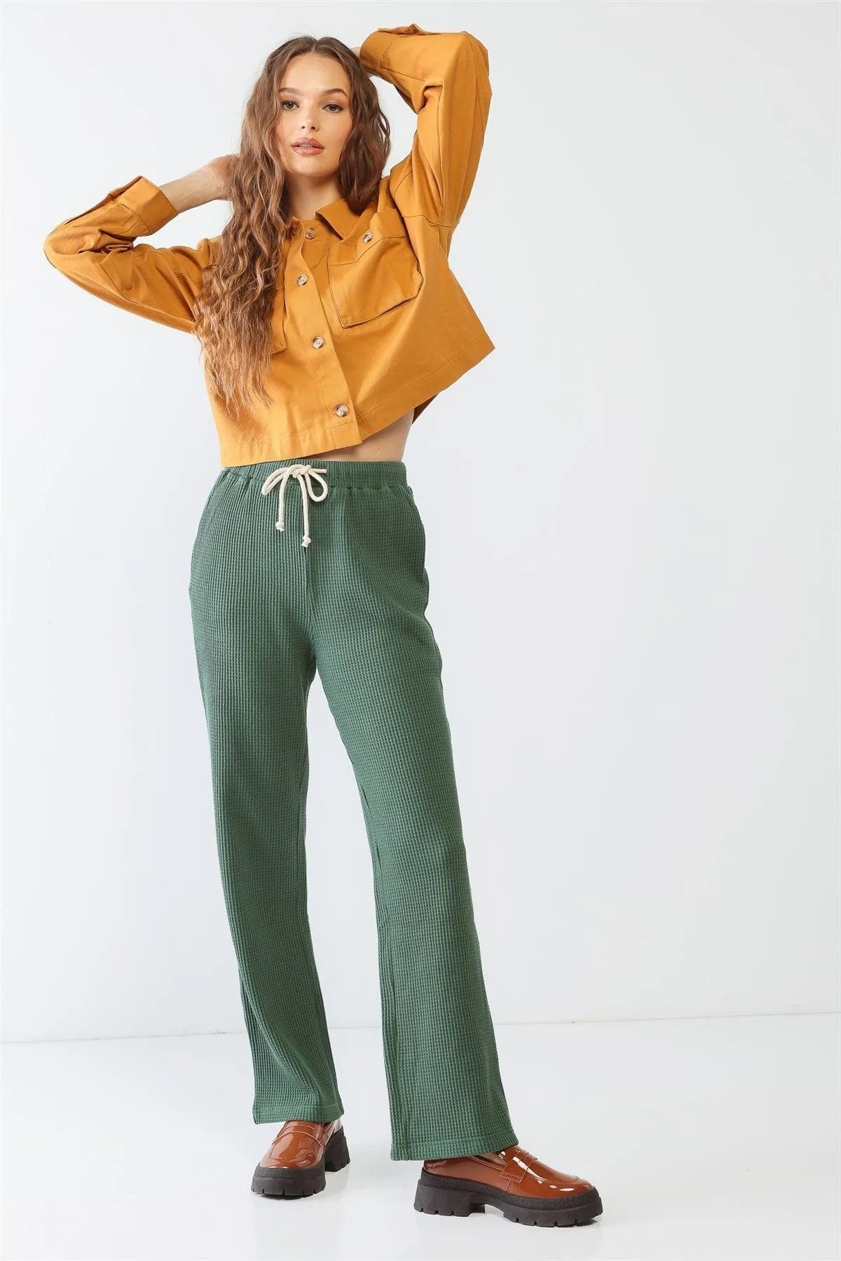 Green Cotton Waffle Knit Three Pocket High Waist Pants