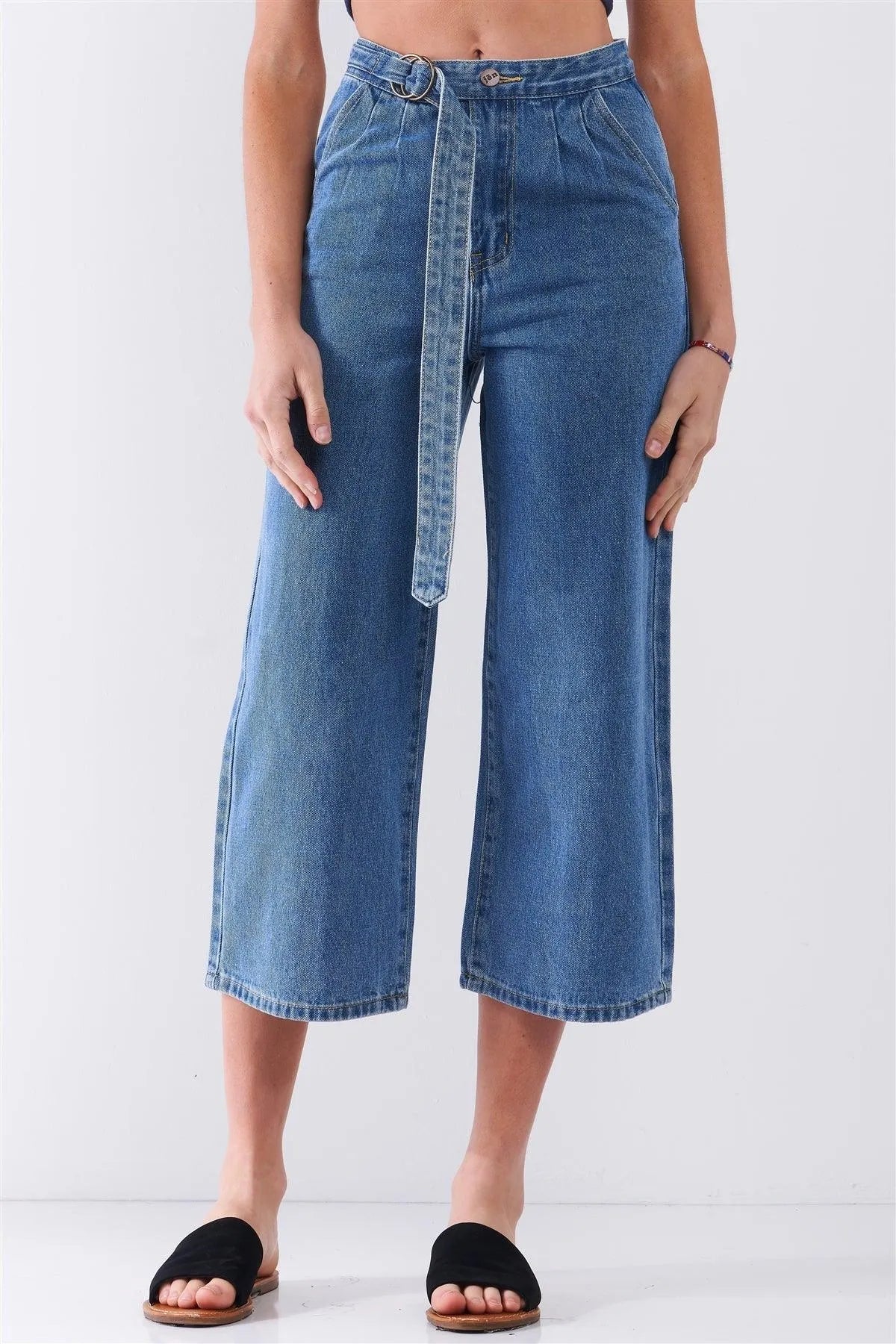 Mid-Blue Cropped Wide Leg Denim Pants with D-Ring Self Tie Belt – Chic Casual