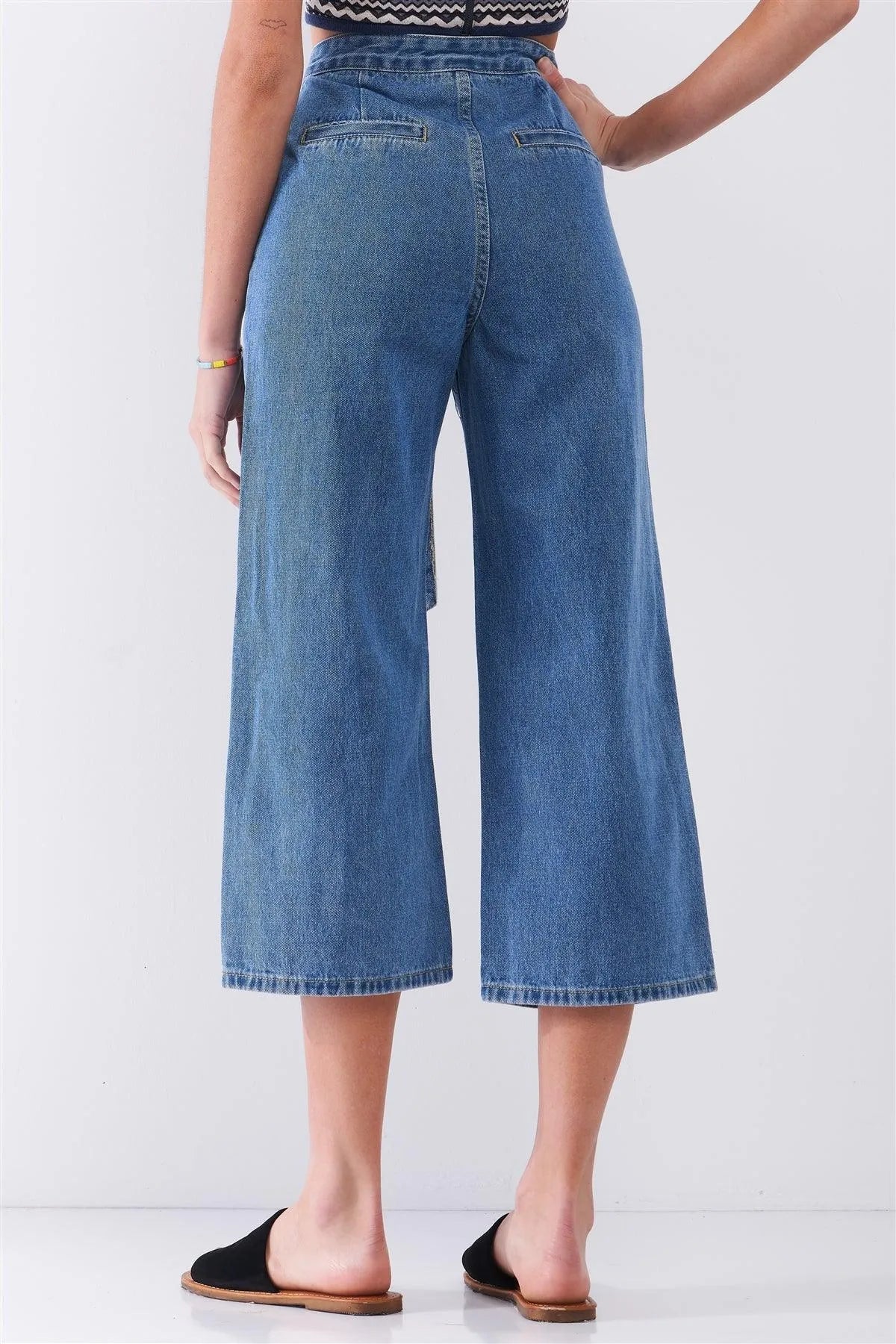Mid-Blue Cropped Wide Leg Denim Pants with D-Ring Self Tie Belt – Chic Casual
