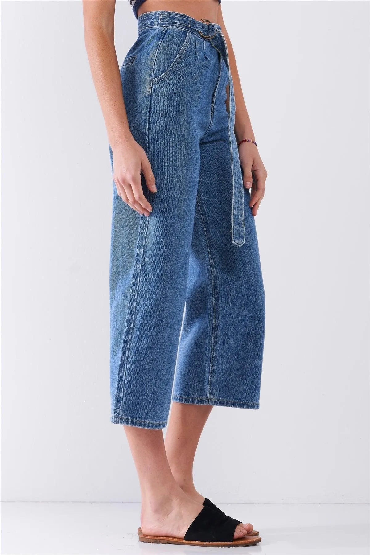 Mid-Blue Cropped Wide Leg Denim Pants with D-Ring Self Tie Belt – Chic Casual