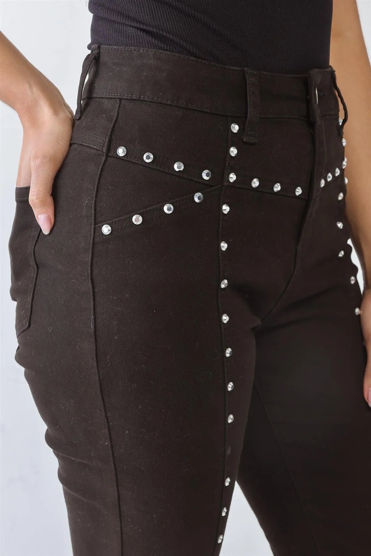 Black Skinny High Waist Pants with Rivet Stud Detail – Edgy Street Look