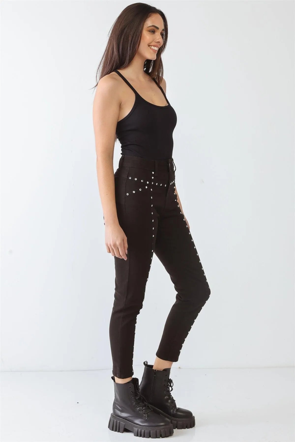 Black Skinny High Waist Pants with Rivet Stud Detail – Edgy Street Look