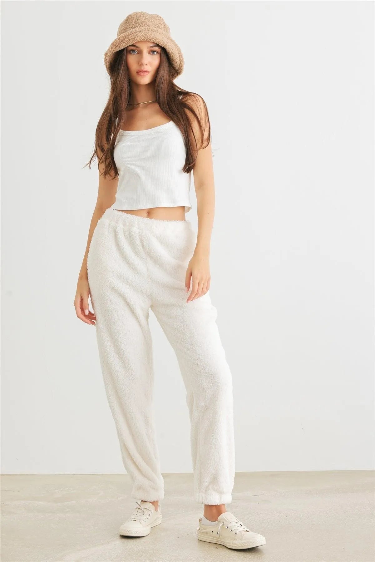 Ivory Fuzzy Knit Two Pocket High Waist Pants
