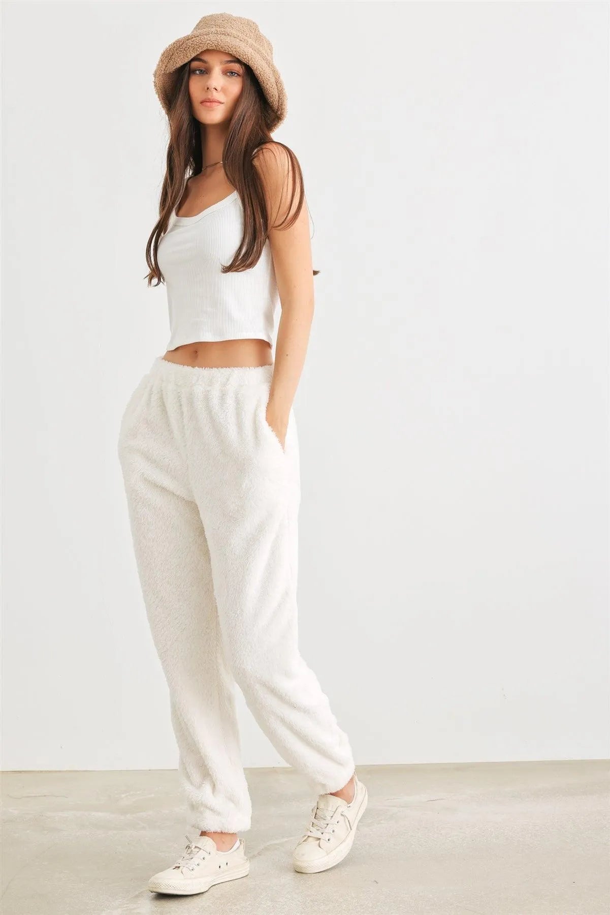Ivory Fuzzy Knit Two Pocket High Waist Pants