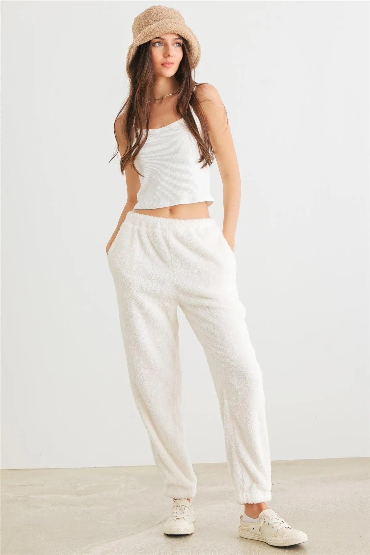 Ivory Fuzzy Knit Two Pocket High Waist Pants
