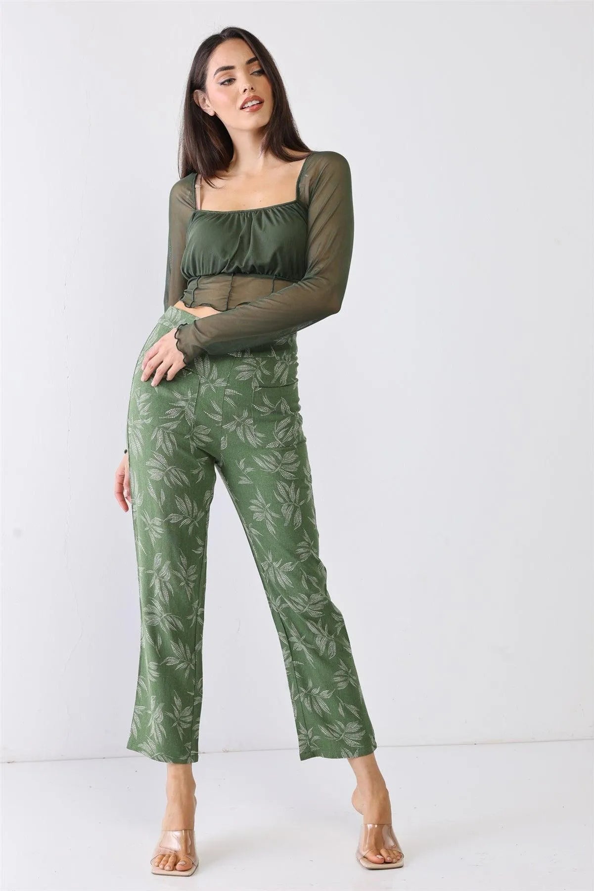 Green Floral Print High Waist Two Pocket Pants