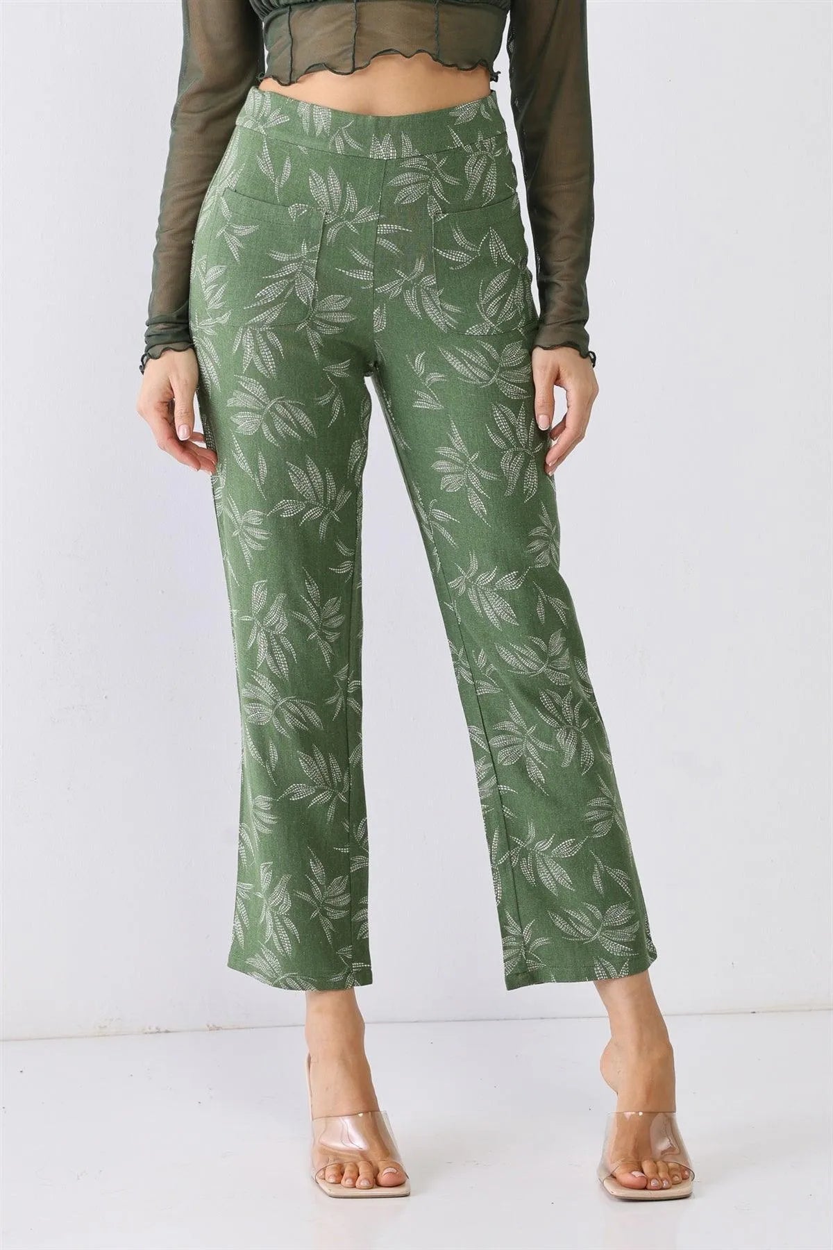 Green Floral Print High Waist Two Pocket Pants
