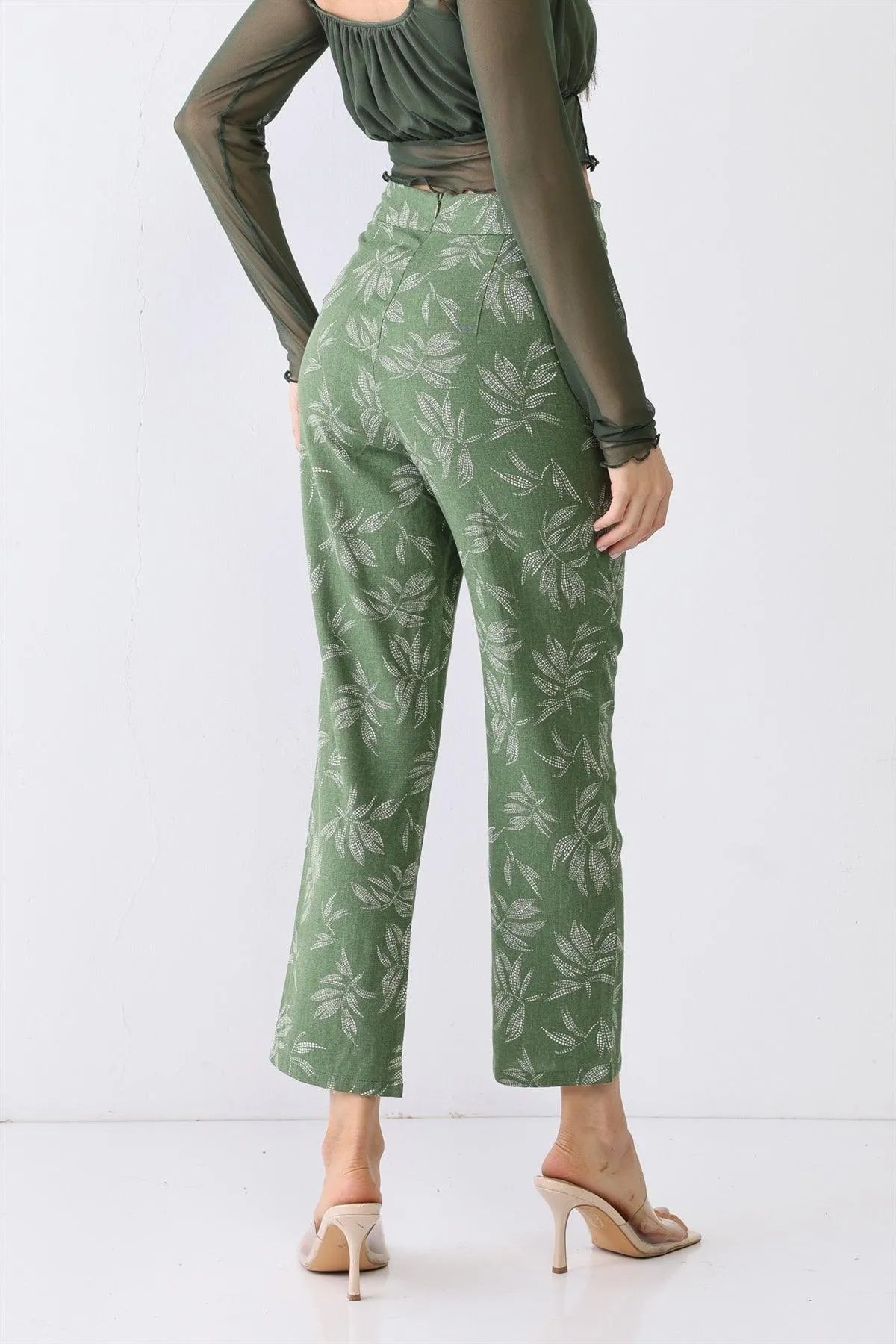 Green Floral Print High Waist Two Pocket Pants