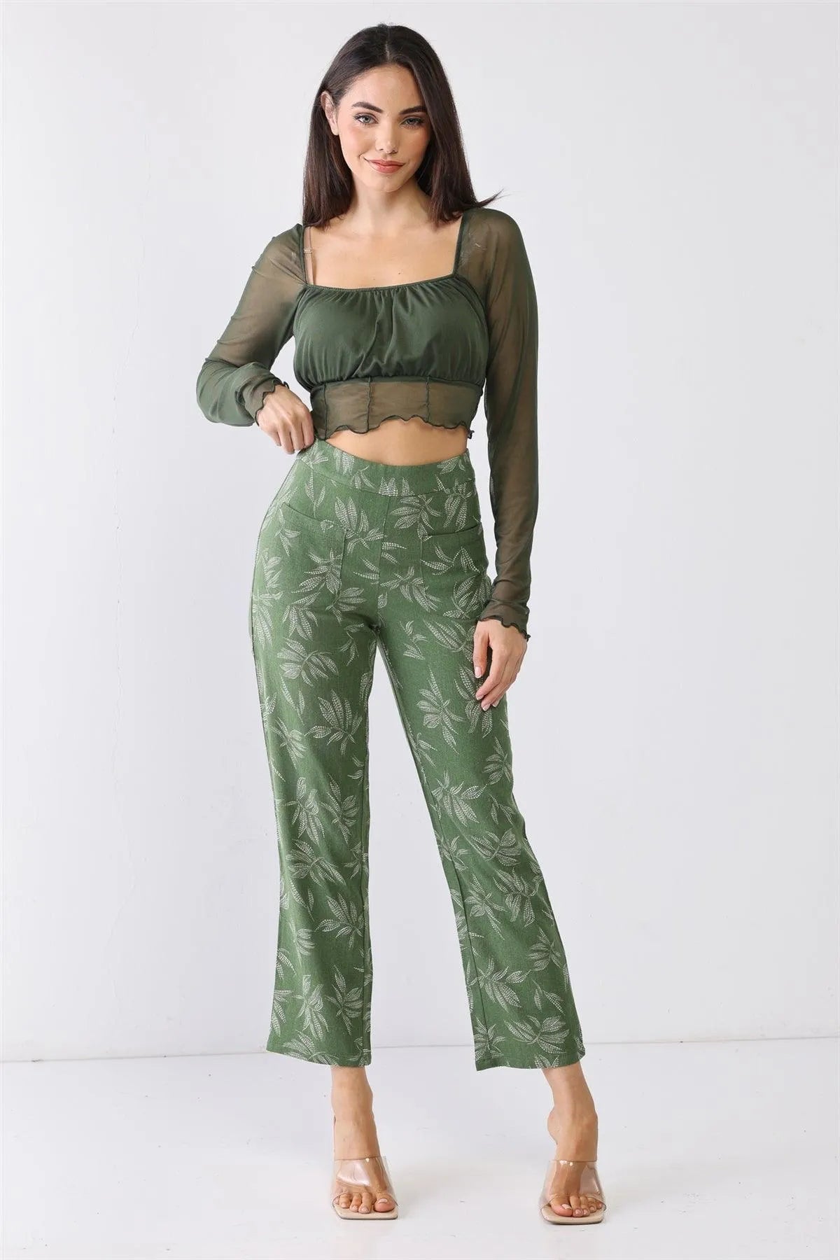 Green Floral Print High Waist Two Pocket Pants