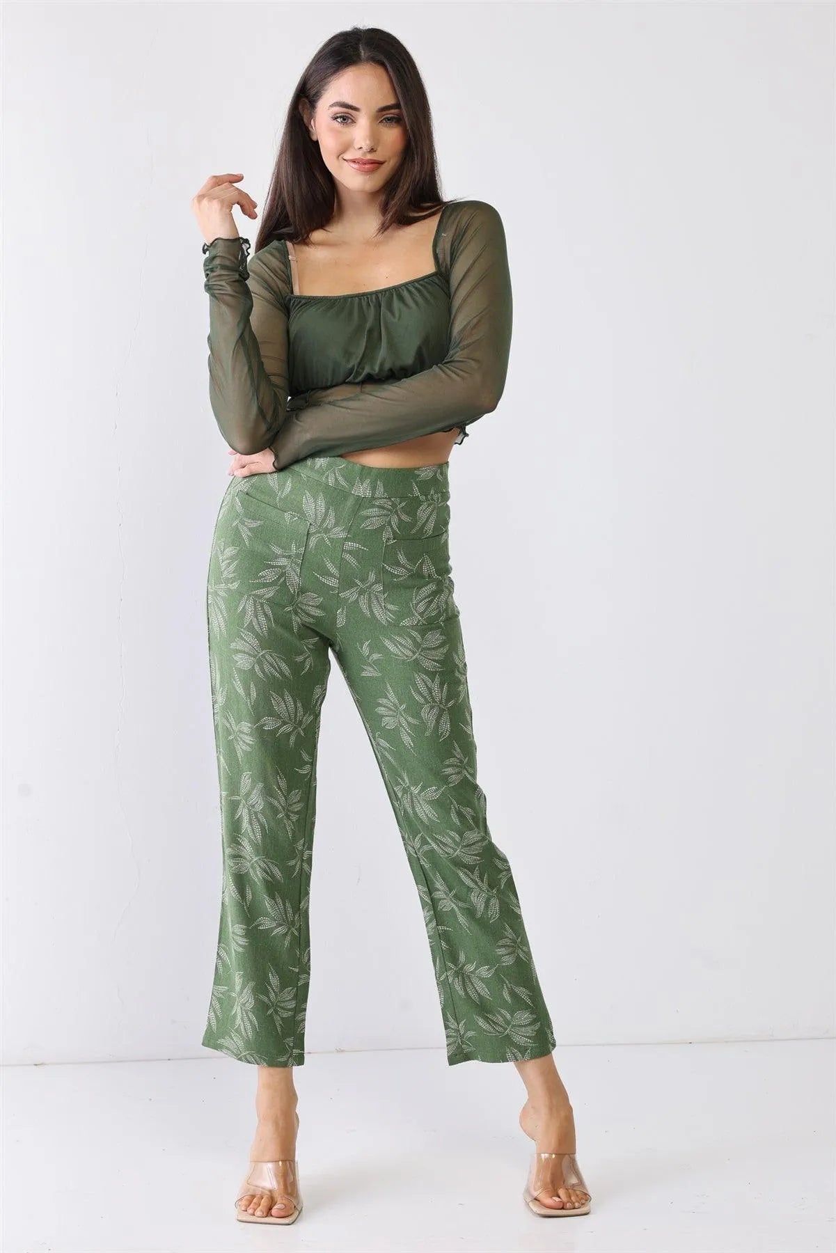 Green Floral Print High Waist Two Pocket Pants