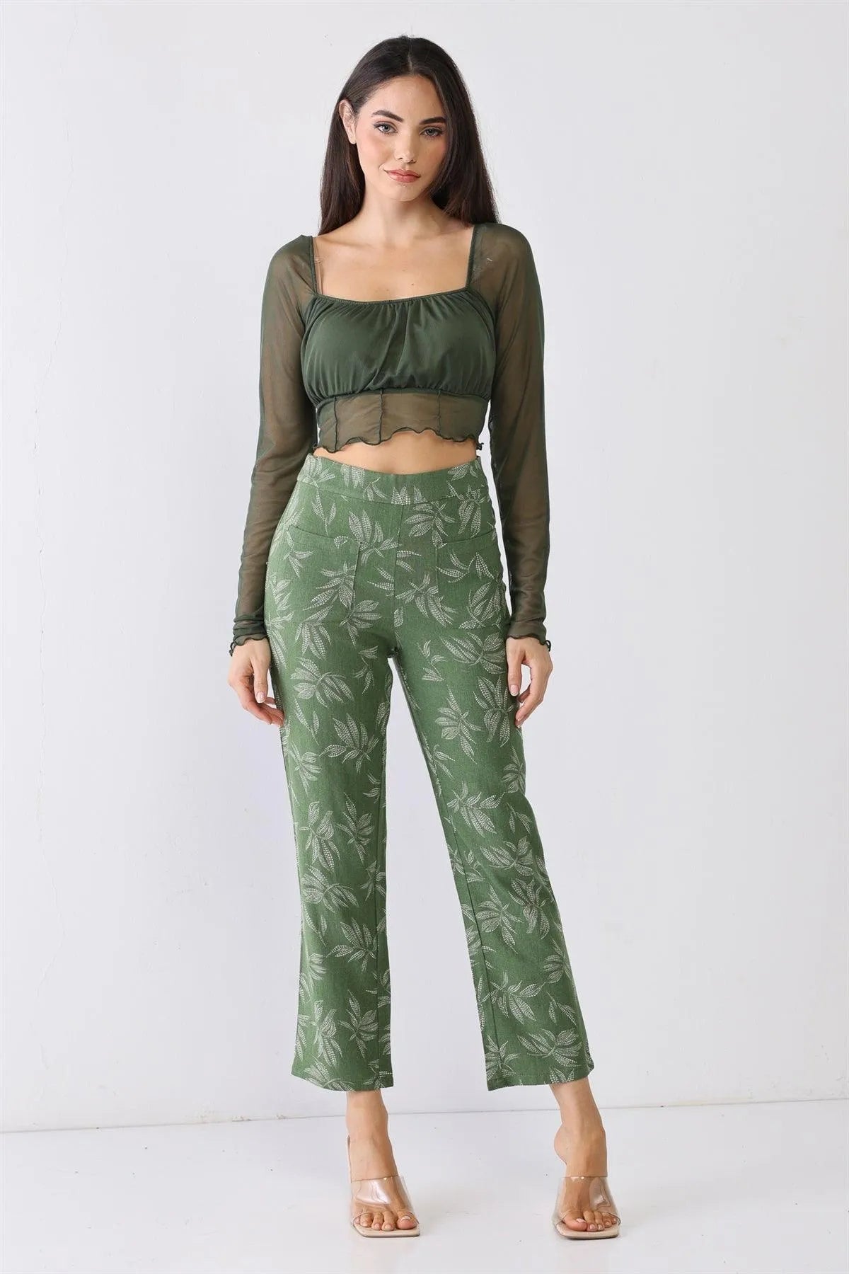 Green Floral Print High Waist Two Pocket Pants