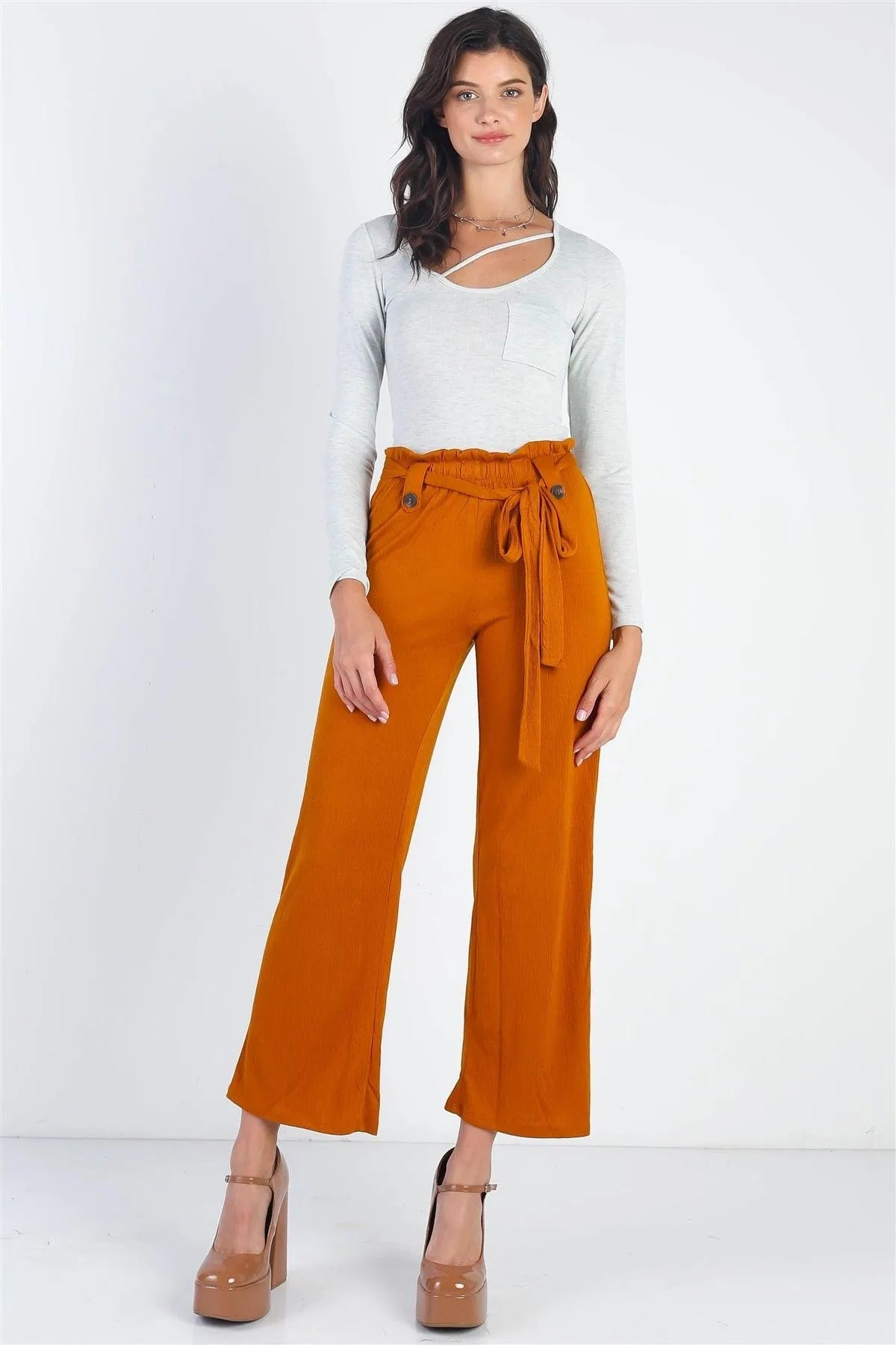 Rust Textured Belted Culotte Pants – Wide-Leg Elegant Design