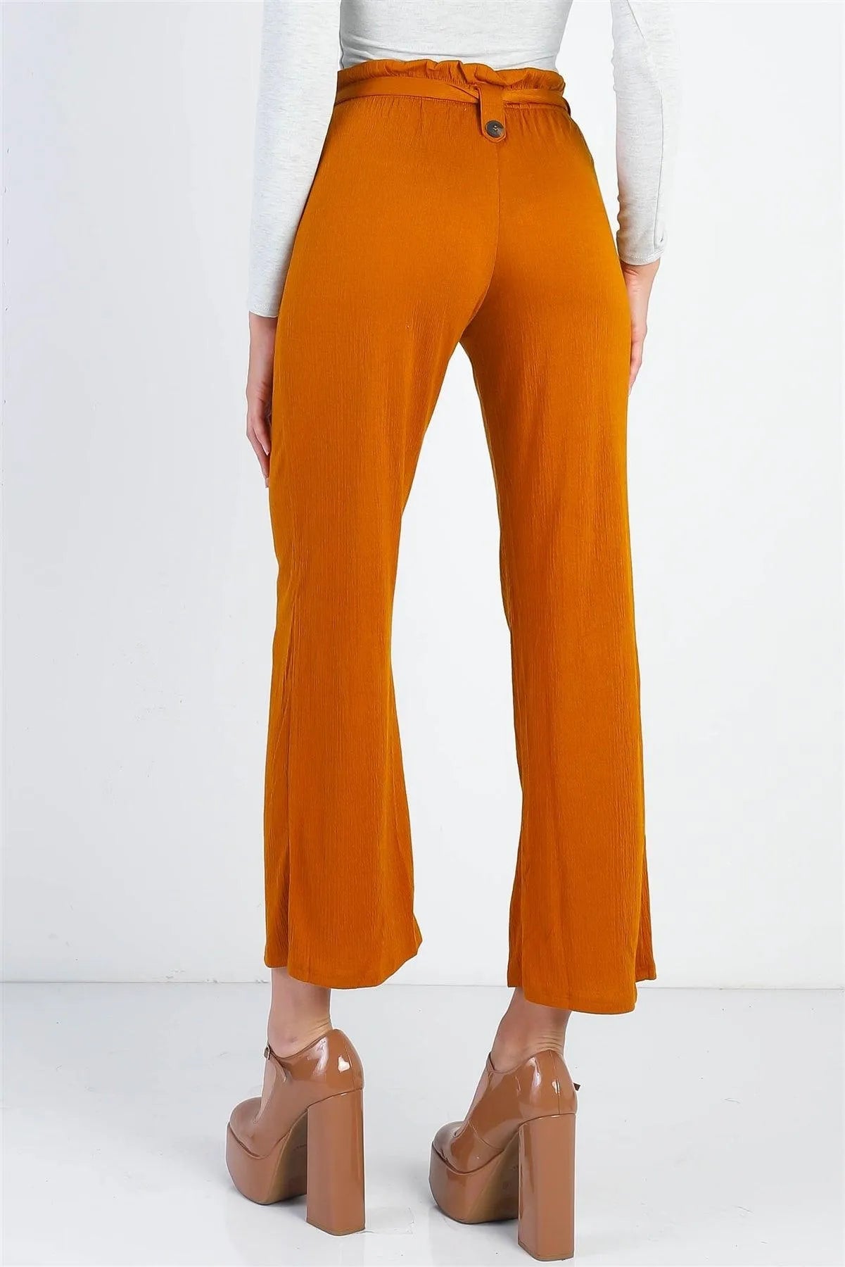 Rust Textured Belted Culotte Pants – Wide-Leg Elegant Design