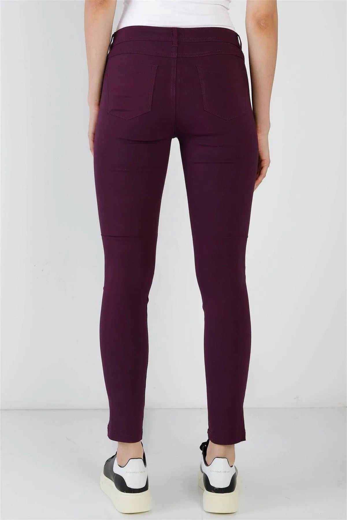 Purple Plum Mid Rise Skinny Pants with Contrast Button – Chic Everyday Wear