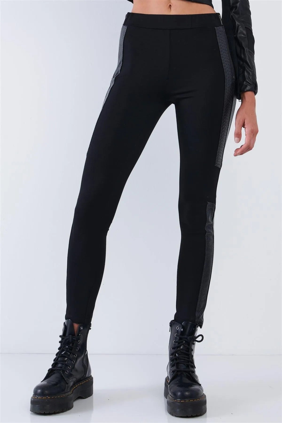Black High Waist Vegan Leather Leggings with Python Print & Zipper Trim – Slim Fit