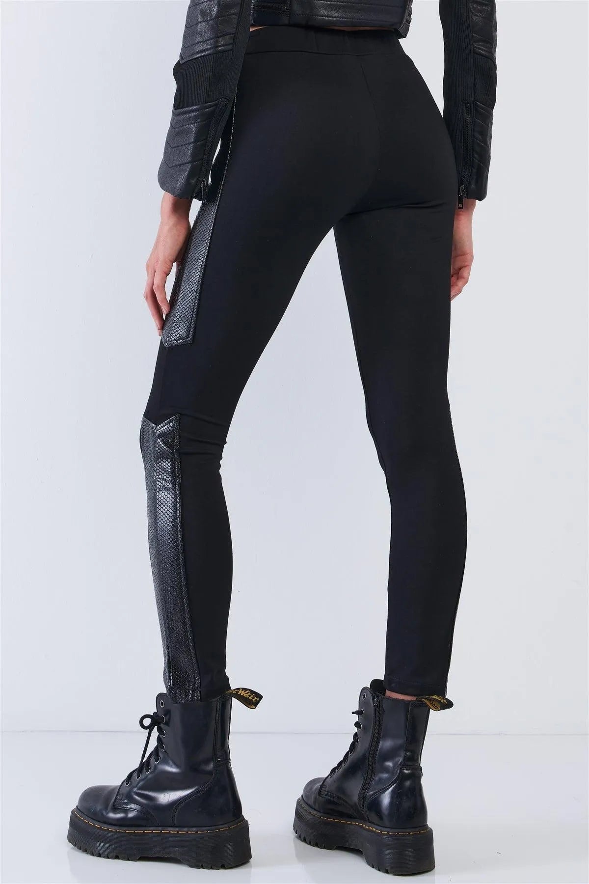 Black High Waist Vegan Leather Leggings with Python Print & Zipper Trim – Slim Fit